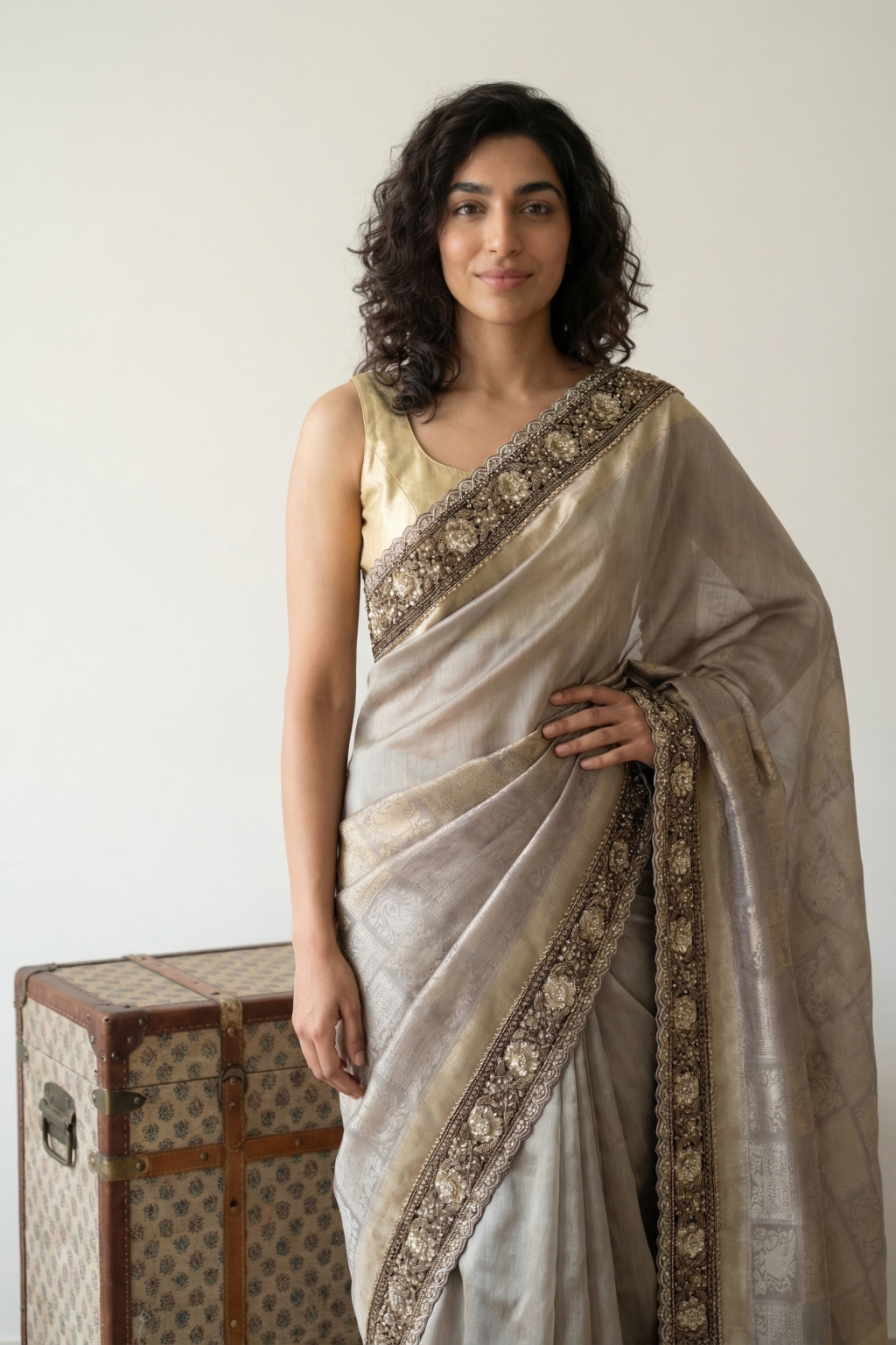 Grey Gold Handloom Tissue Saree