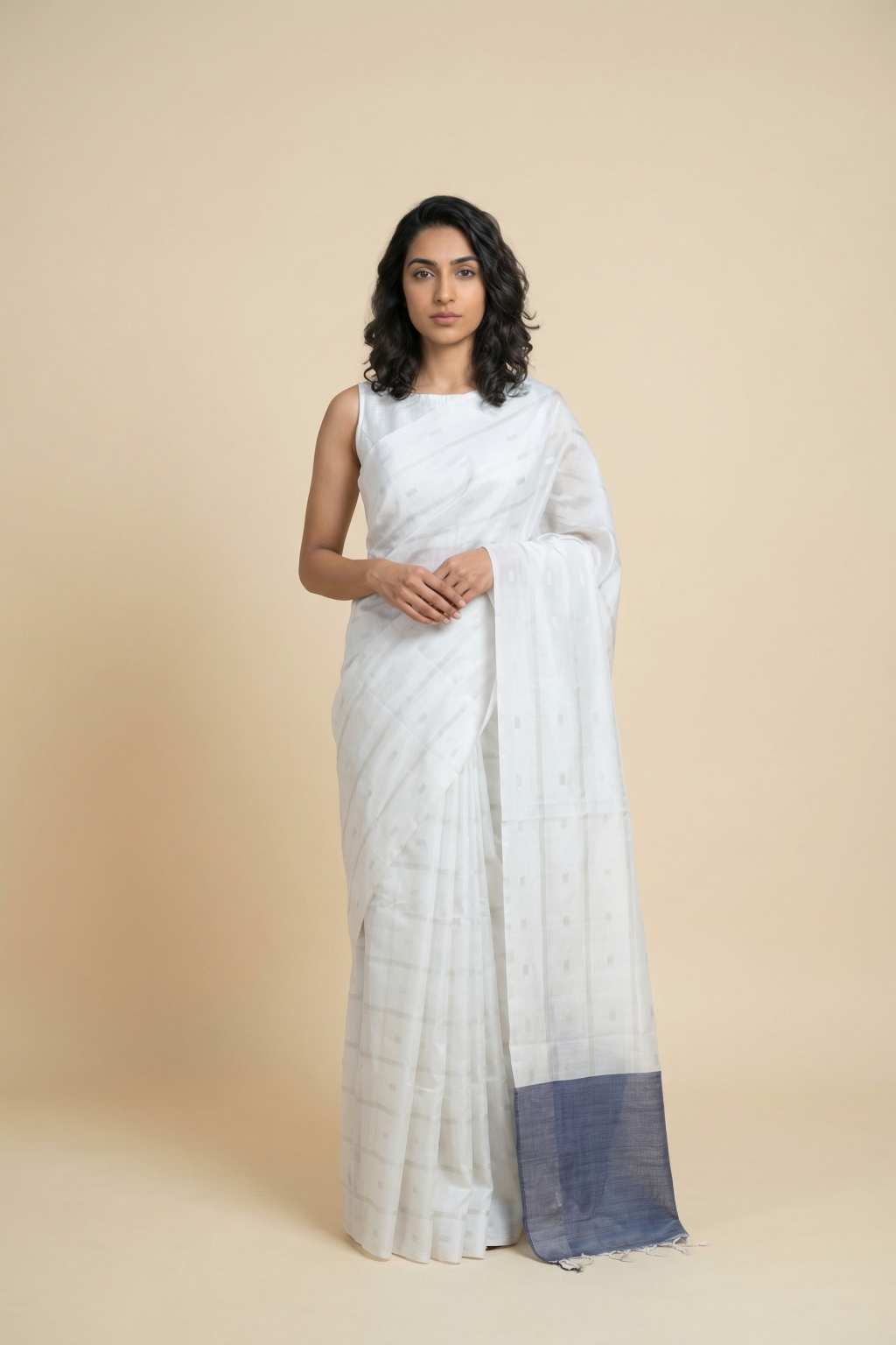 White Soft Silk Saree with Subtle Stripes, Silver Zari Motifs & Contrast Pallu