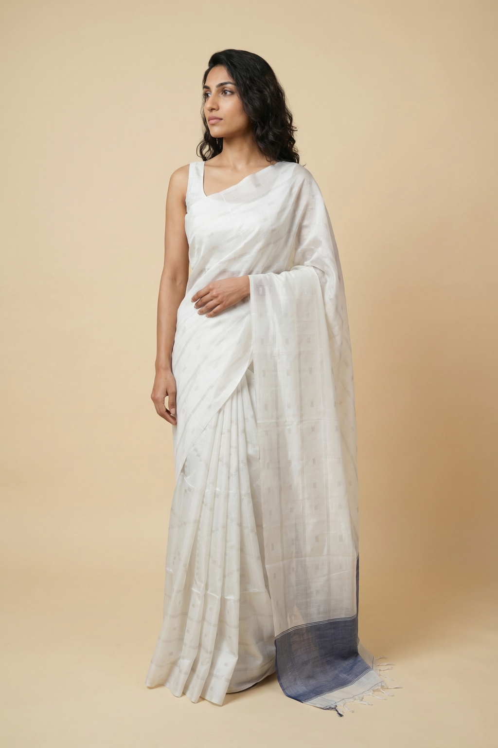 White Soft Silk Saree with Subtle Stripes, Silver Zari Motifs & Contrast Pallu