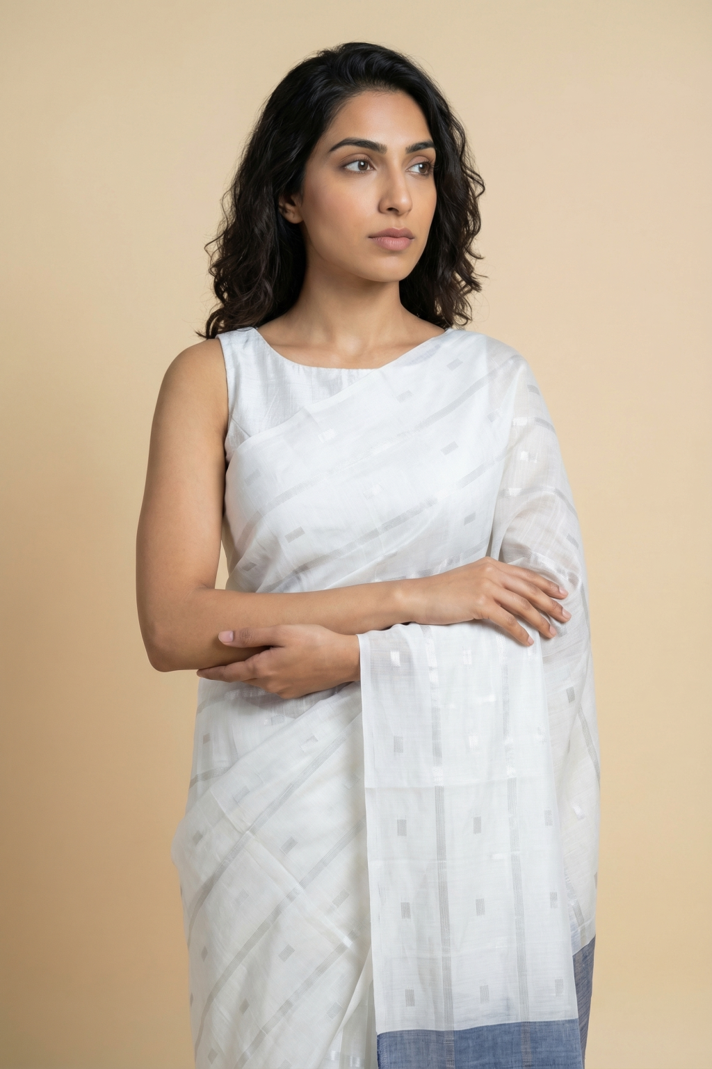 White Soft Silk Saree with Subtle Stripes, Silver Zari Motifs & Contrast Pallu