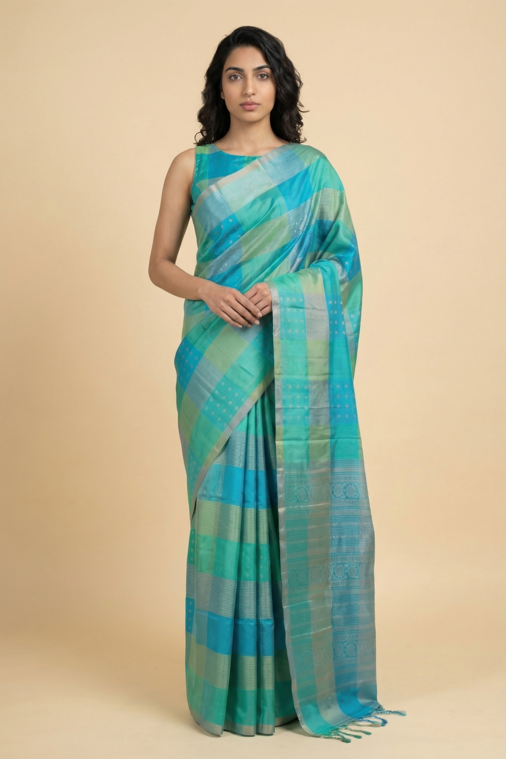 Green and Blue Soft Silk Saree with Zari Motifs & Striped Weaving