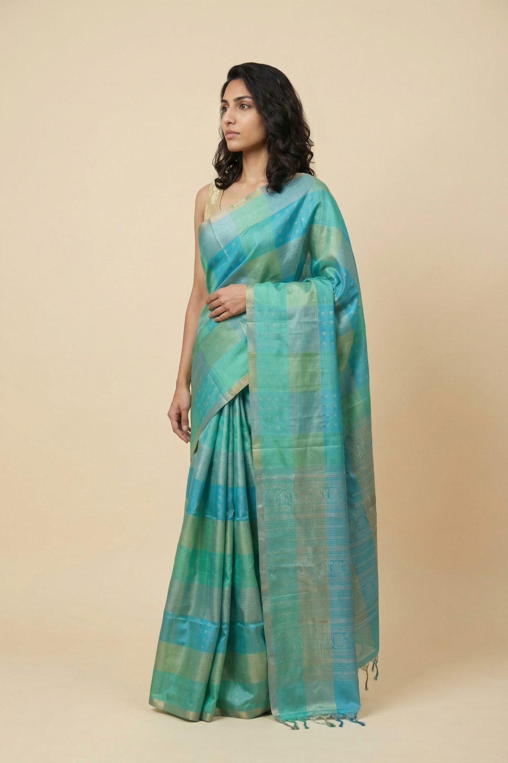 Green and Blue Soft Silk Saree with Zari Motifs & Striped Weaving