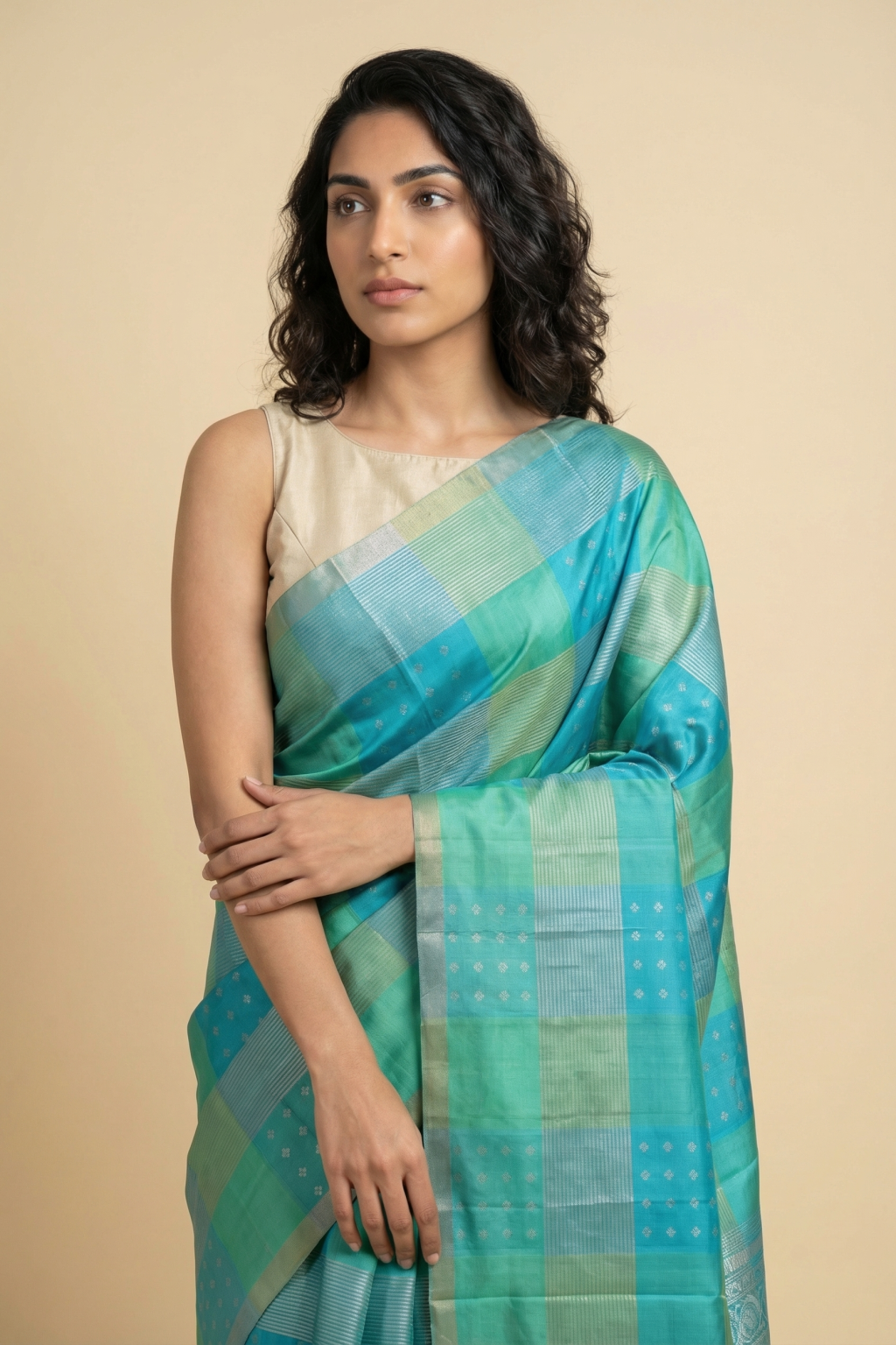 Green and Blue Soft Silk Saree with Zari Motifs & Striped Weaving