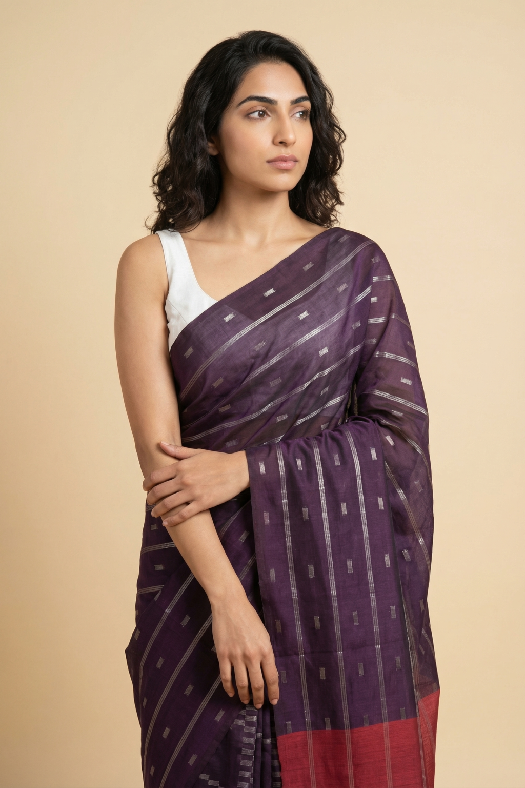 Purple Soft Silk Saree with Geometrical Jaal & Contrast Pallu