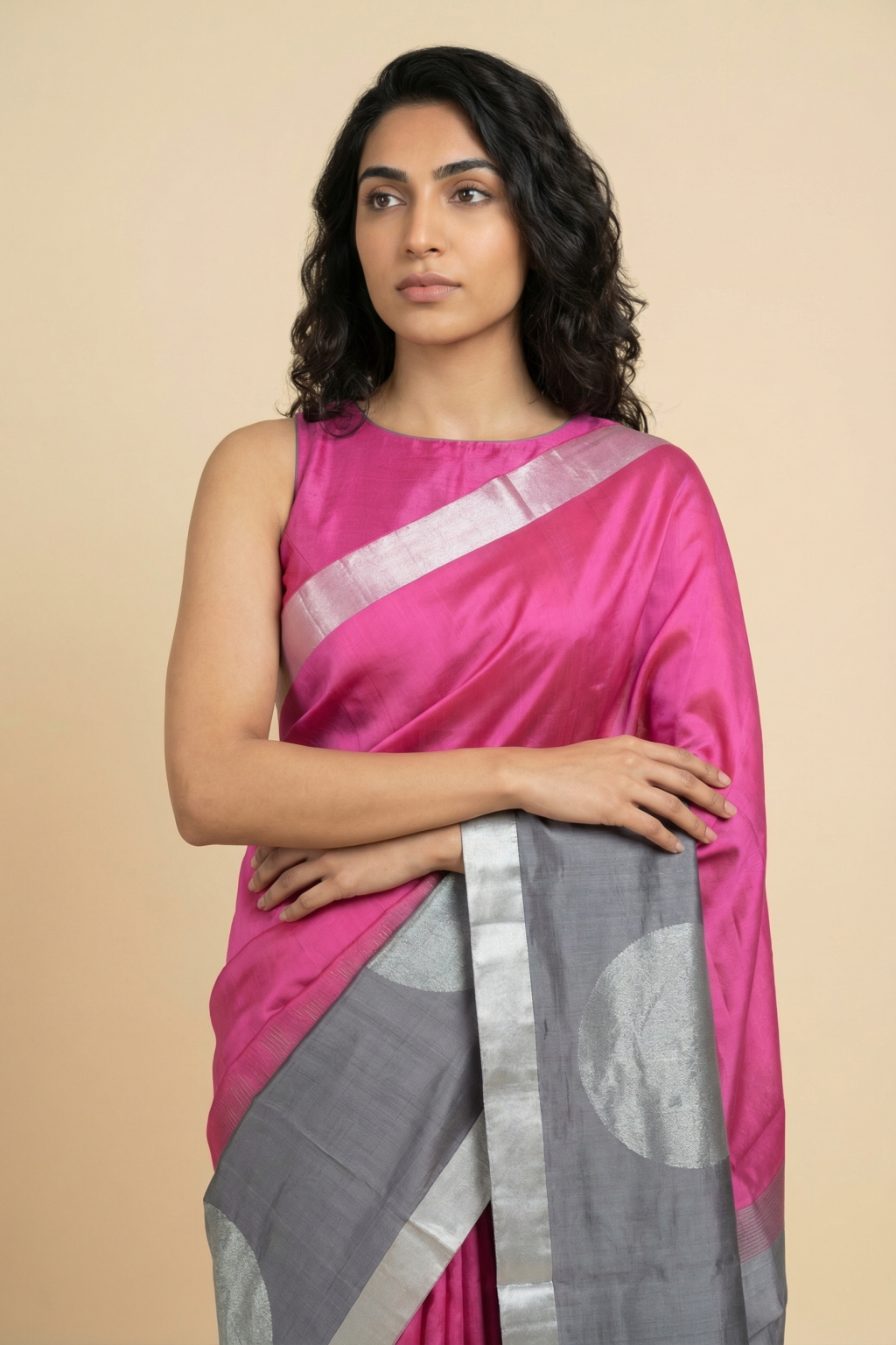 Pink Soft Silk Saree with Silver Butta & Contrast Ash Border