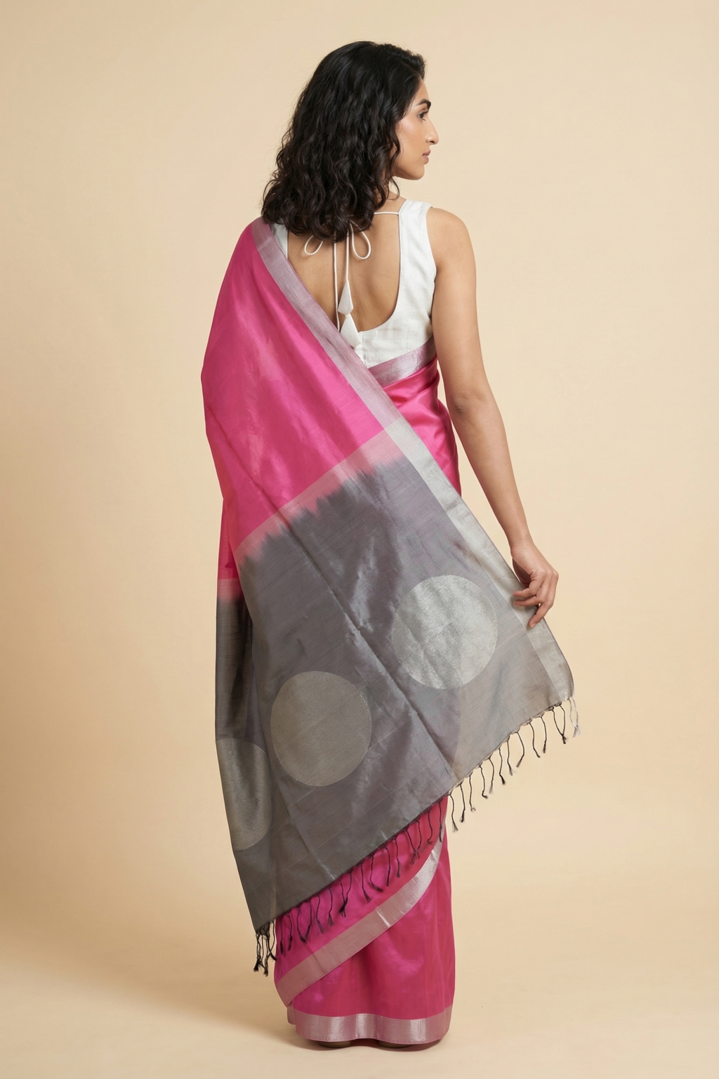 Pink Soft Silk Saree with Silver Butta & Contrast Ash Border