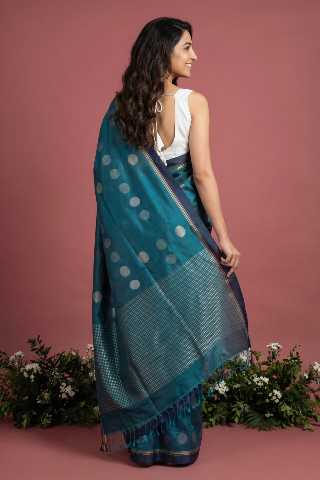 Teal Green Soft Silk Saree with Coin Butti & Contrast Border