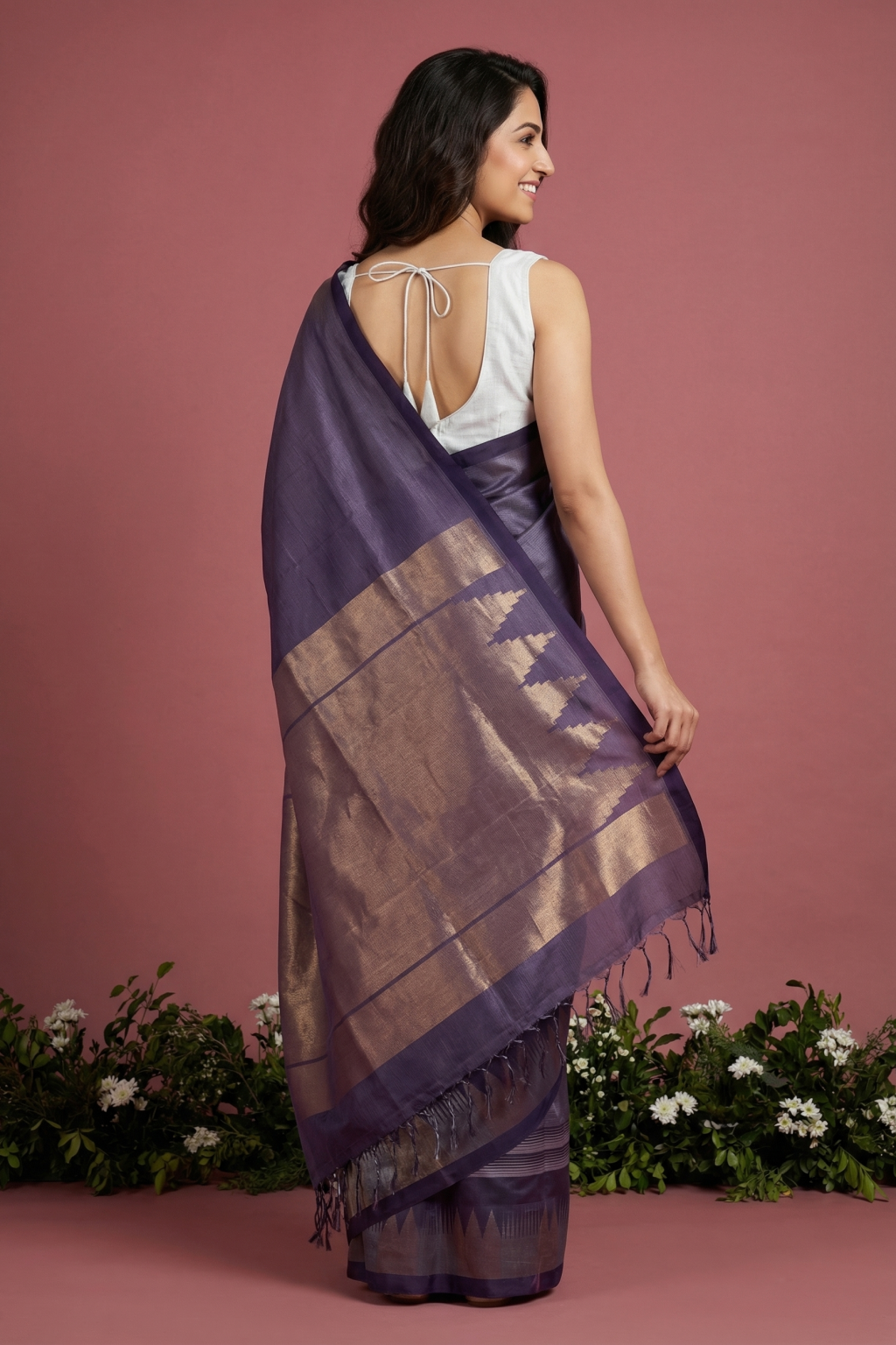 Purple Soft Silk Saree with Striped Weaving & Fancy Zari Border