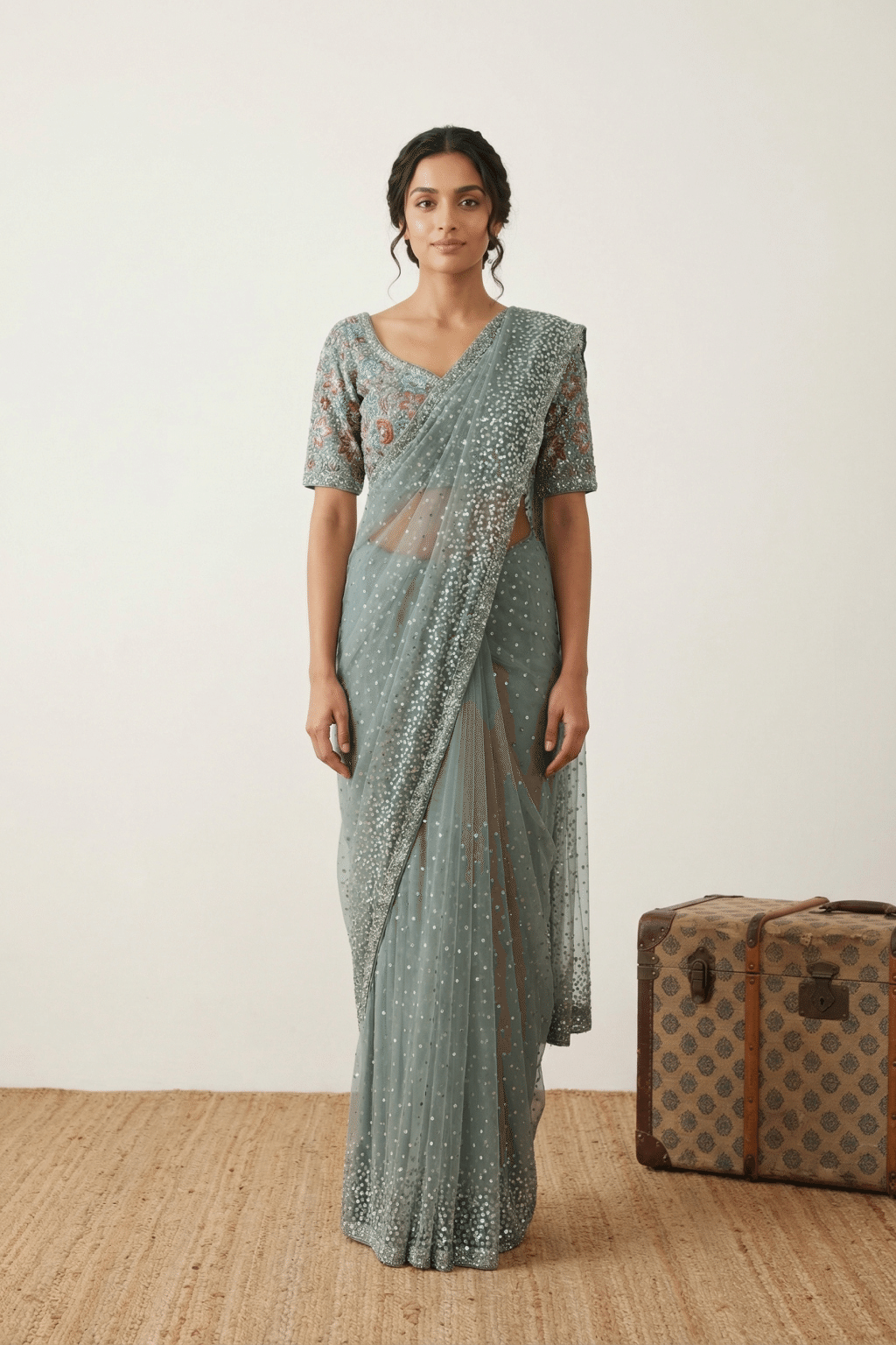 Ice Blue Net Saree with All Over Sequins Work and Multicolor Embroidered Blouse