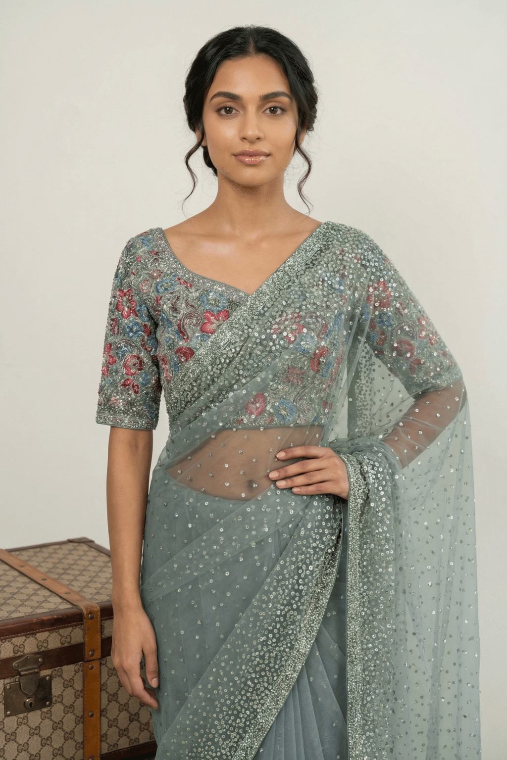 Ice Blue Net Saree with All Over Sequins Work and Multicolor Embroidered Blouse
