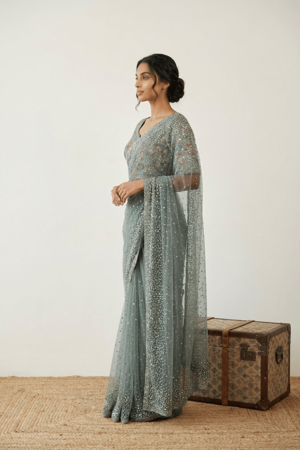 Ice Blue Net Saree with All Over Sequins Work