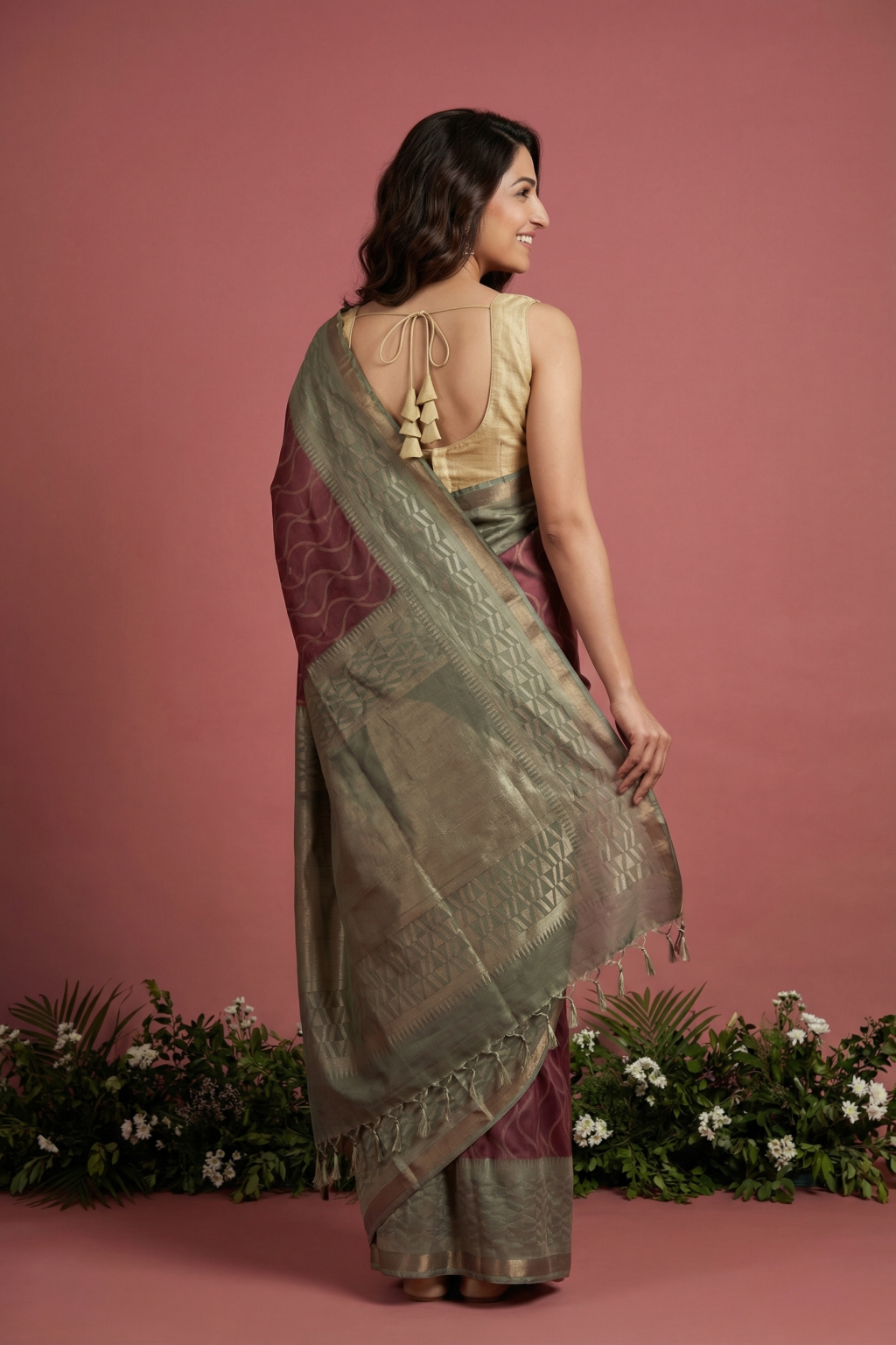 Coral Pink Soft Silk Saree with Geometrical Jaal & Contrast Pallu