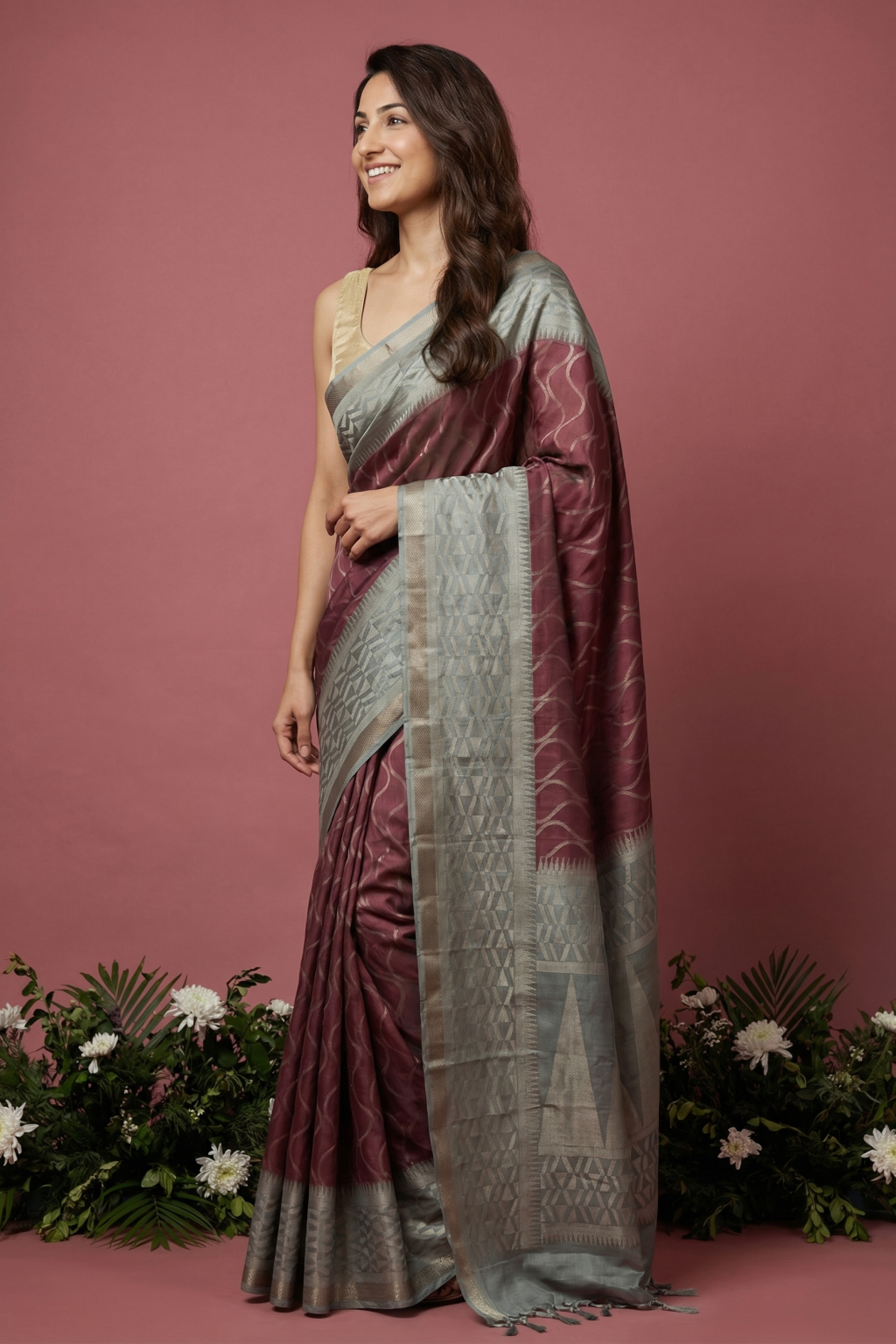 Coral Pink Soft Silk Saree with Geometrical Jaal & Contrast Pallu
