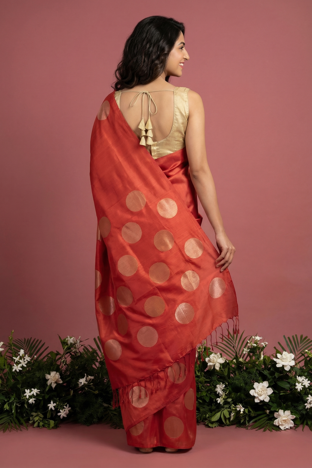 Orange Soft Silk Saree with Round Fancy Butta