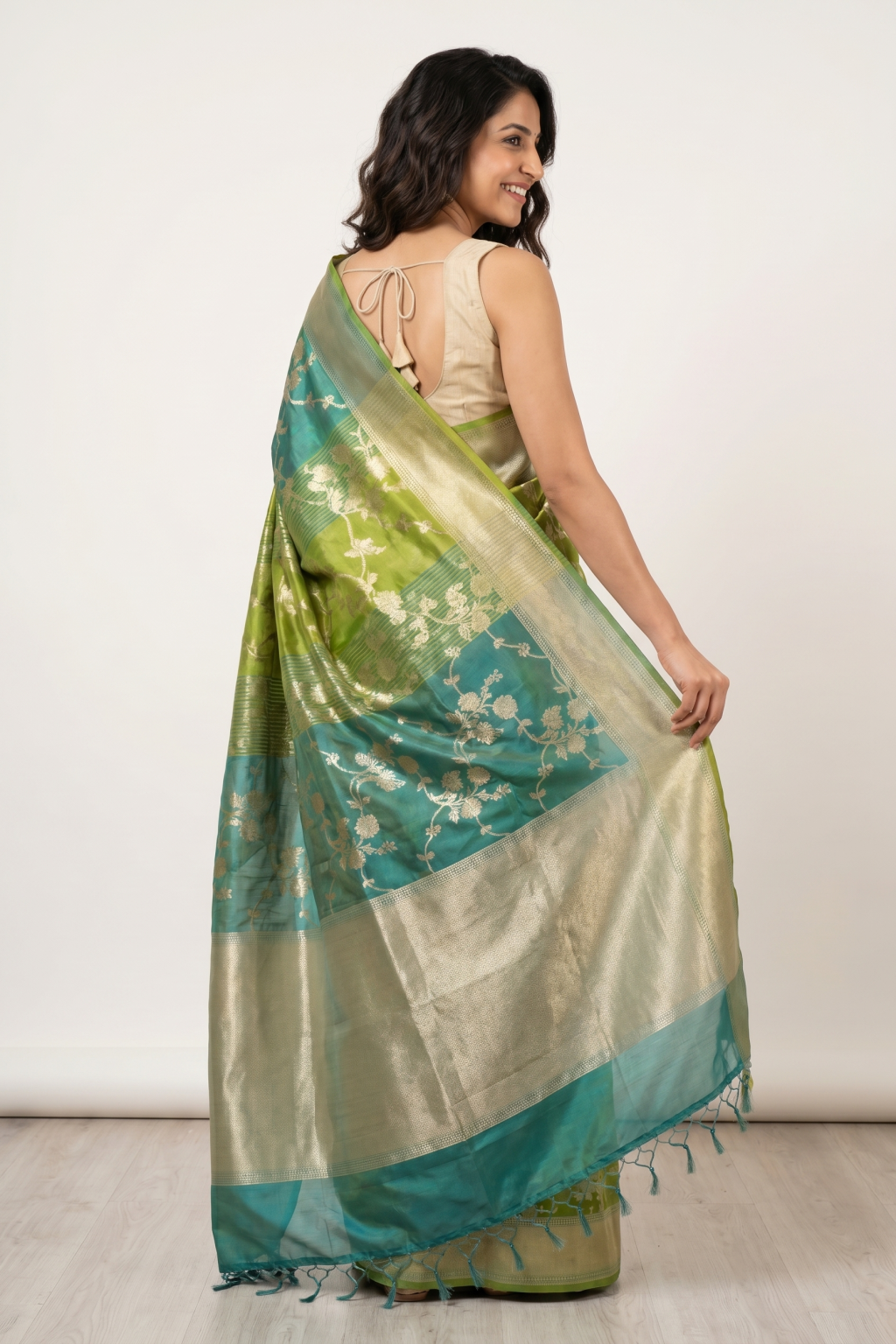 Blue and Green Chanderi Silk Saree