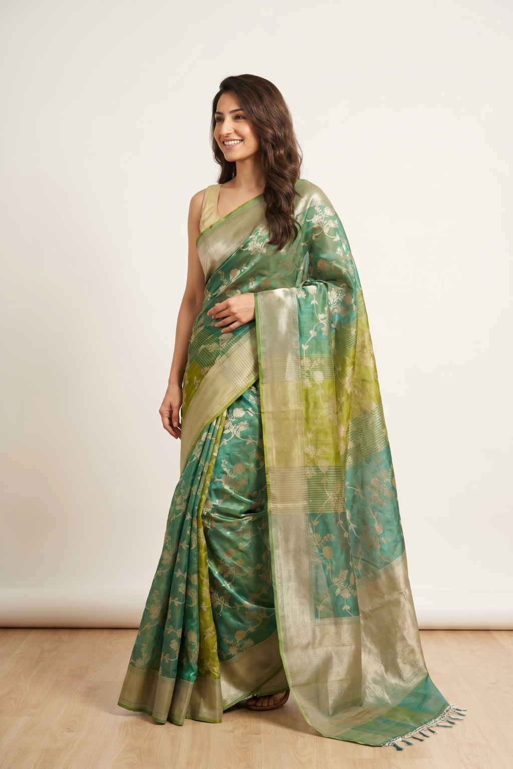 Blue and Green Chanderi Silk Saree