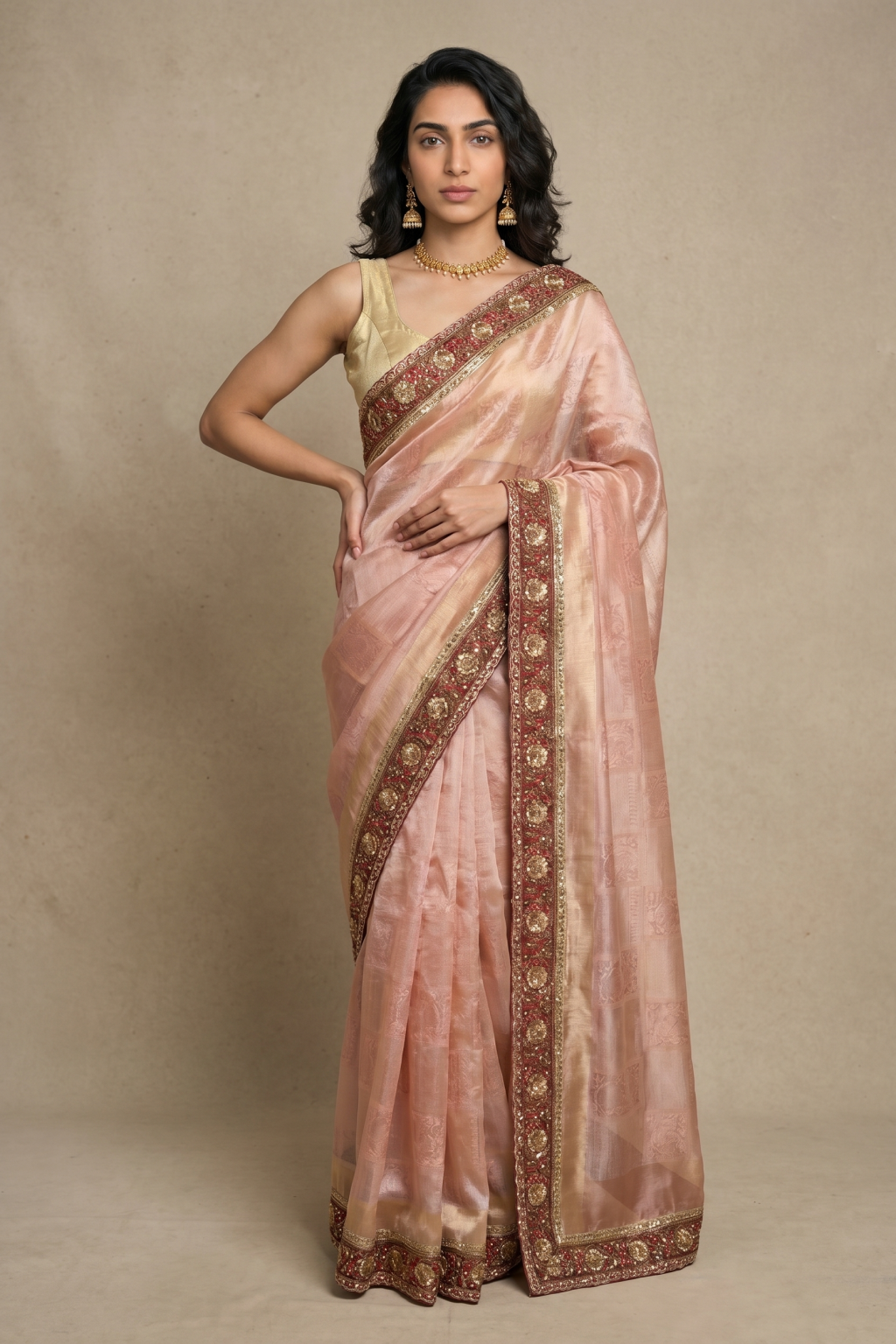 Peach Banaras Handloom Tissue Saree