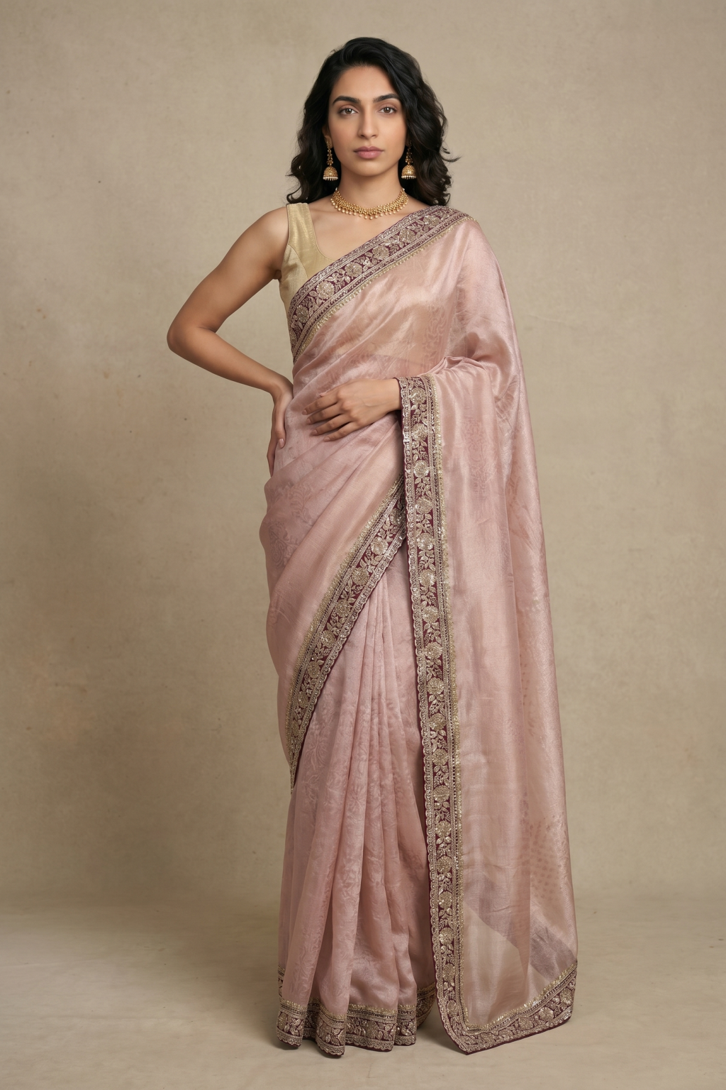 Peach Banaras Handloom Tissue Saree