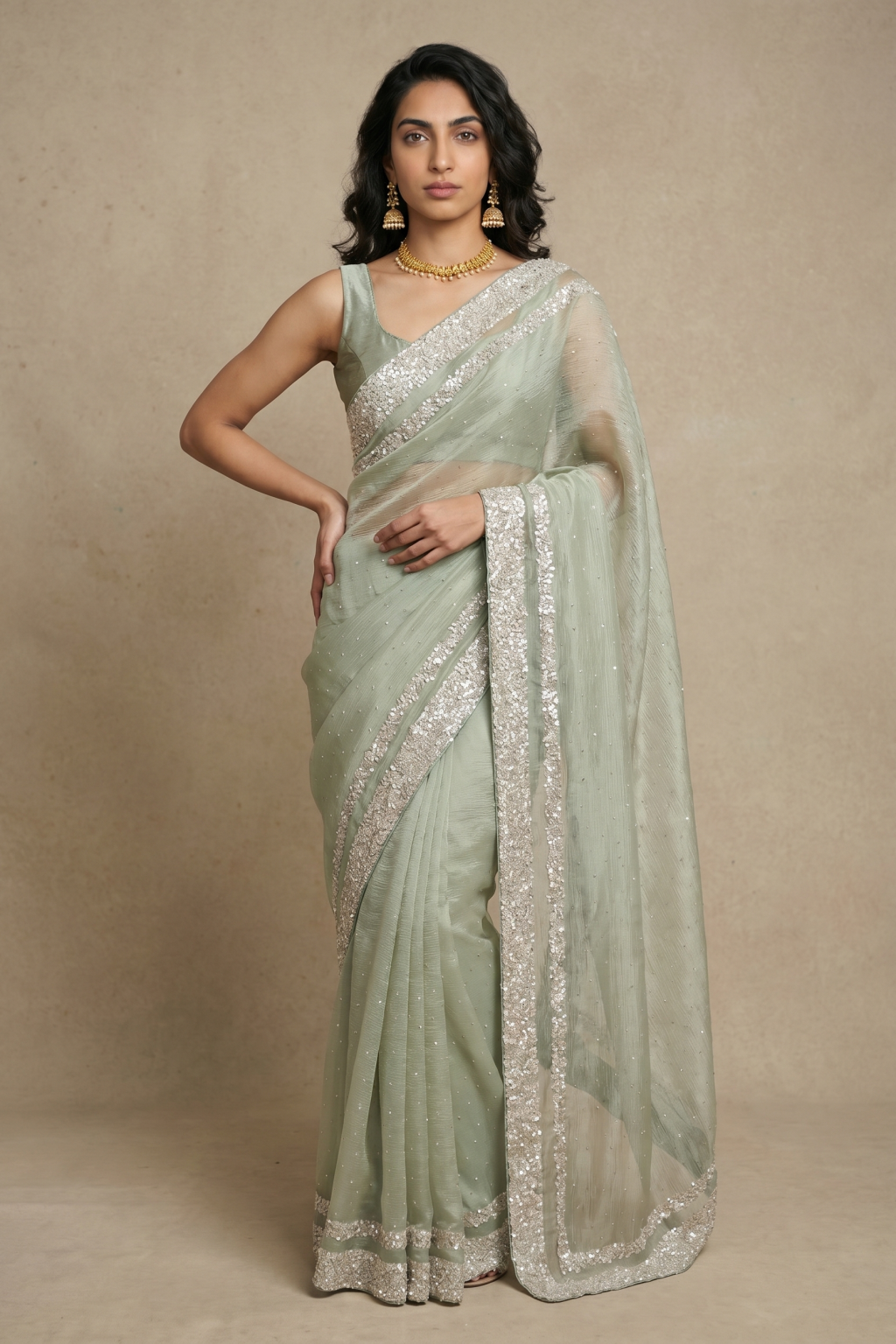Pista Green Crush Tissue Saree
