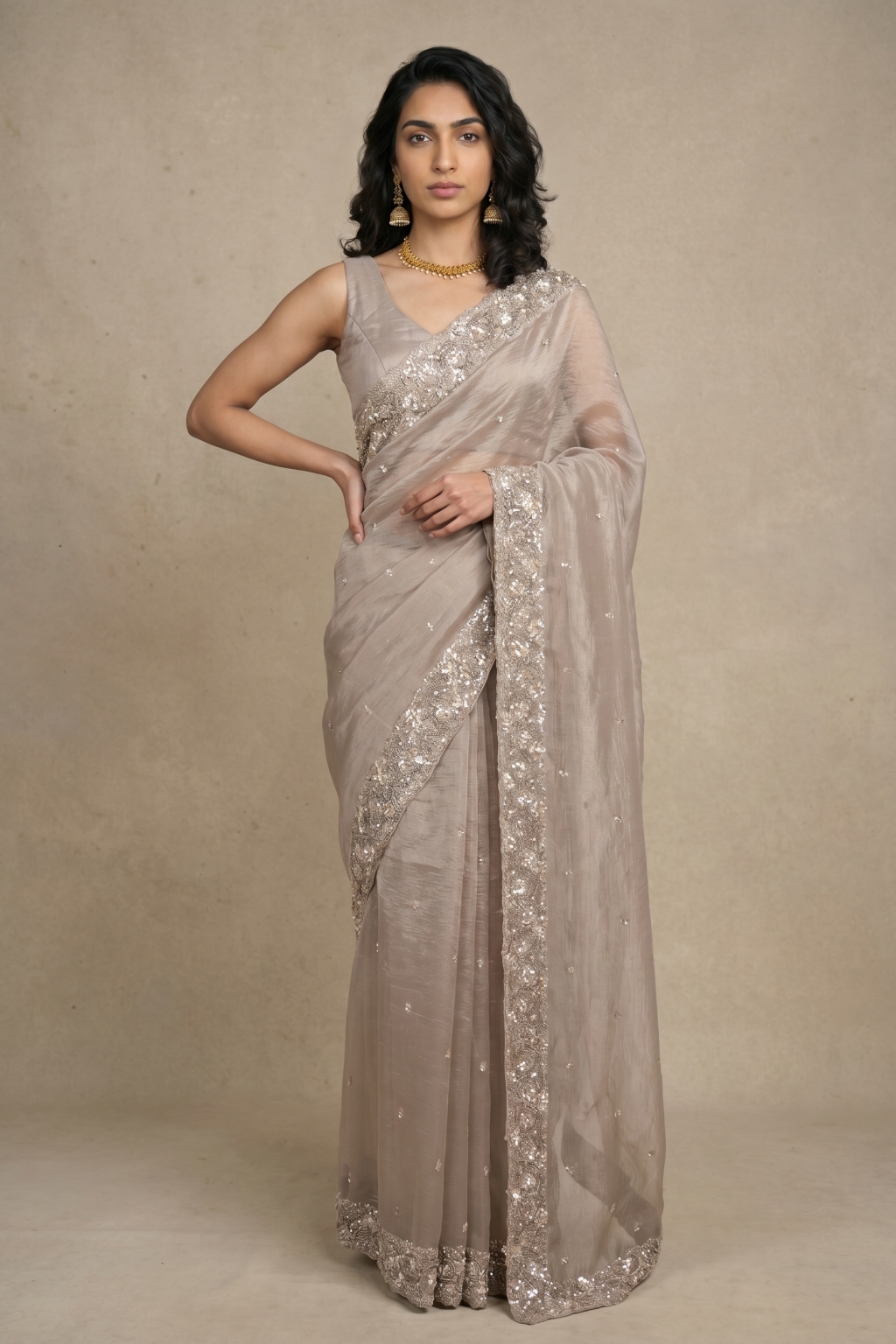 Light Gold Crush Tissue Saree