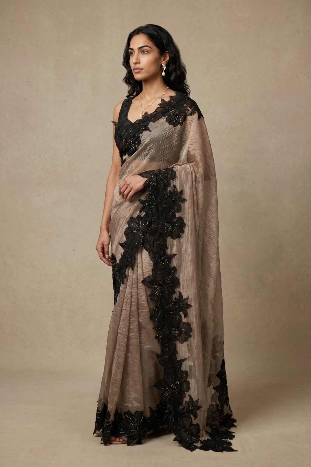 Silver Beige Crush Tissue Saree