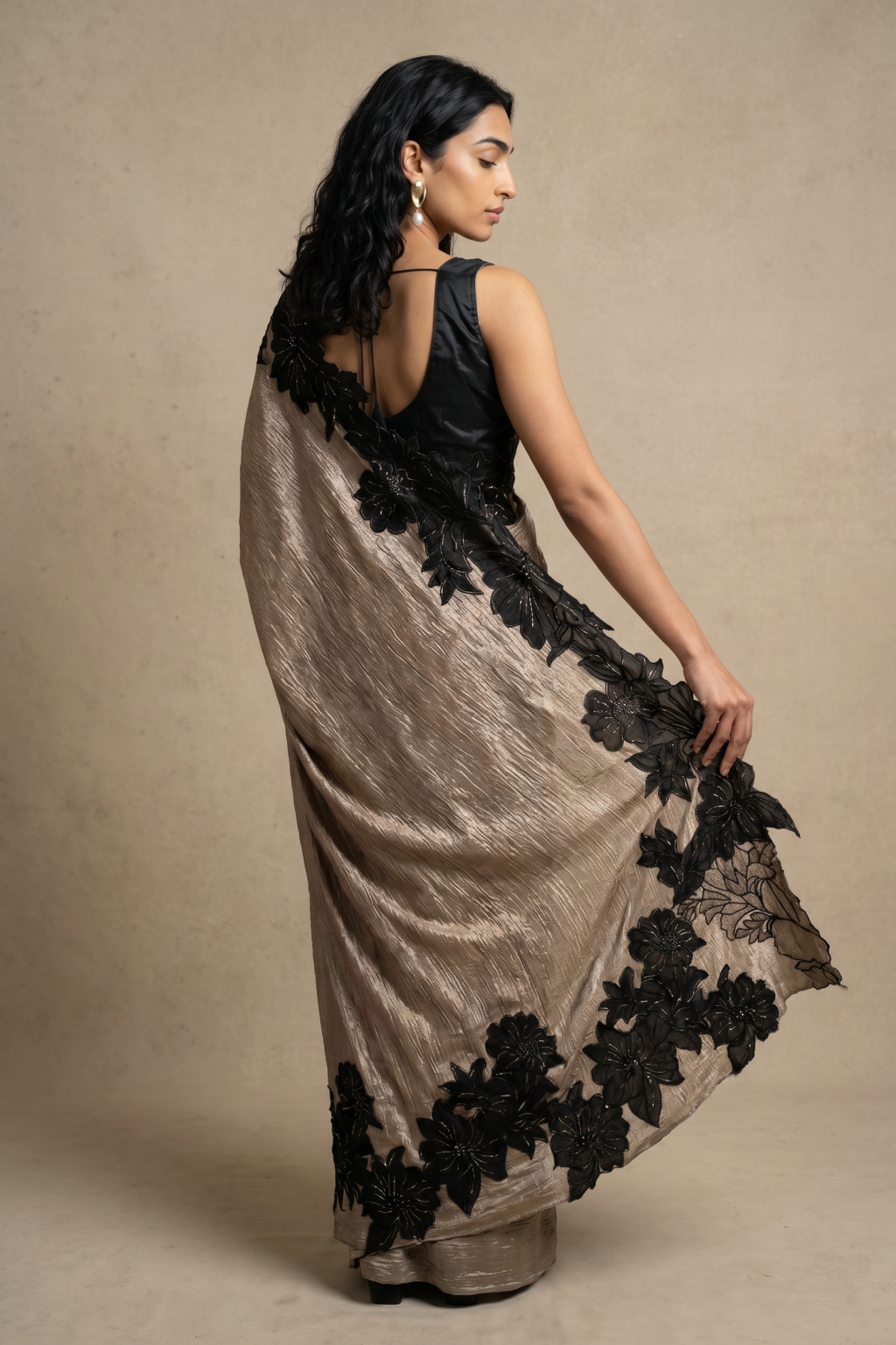 Silver Beige Crush Tissue Saree
