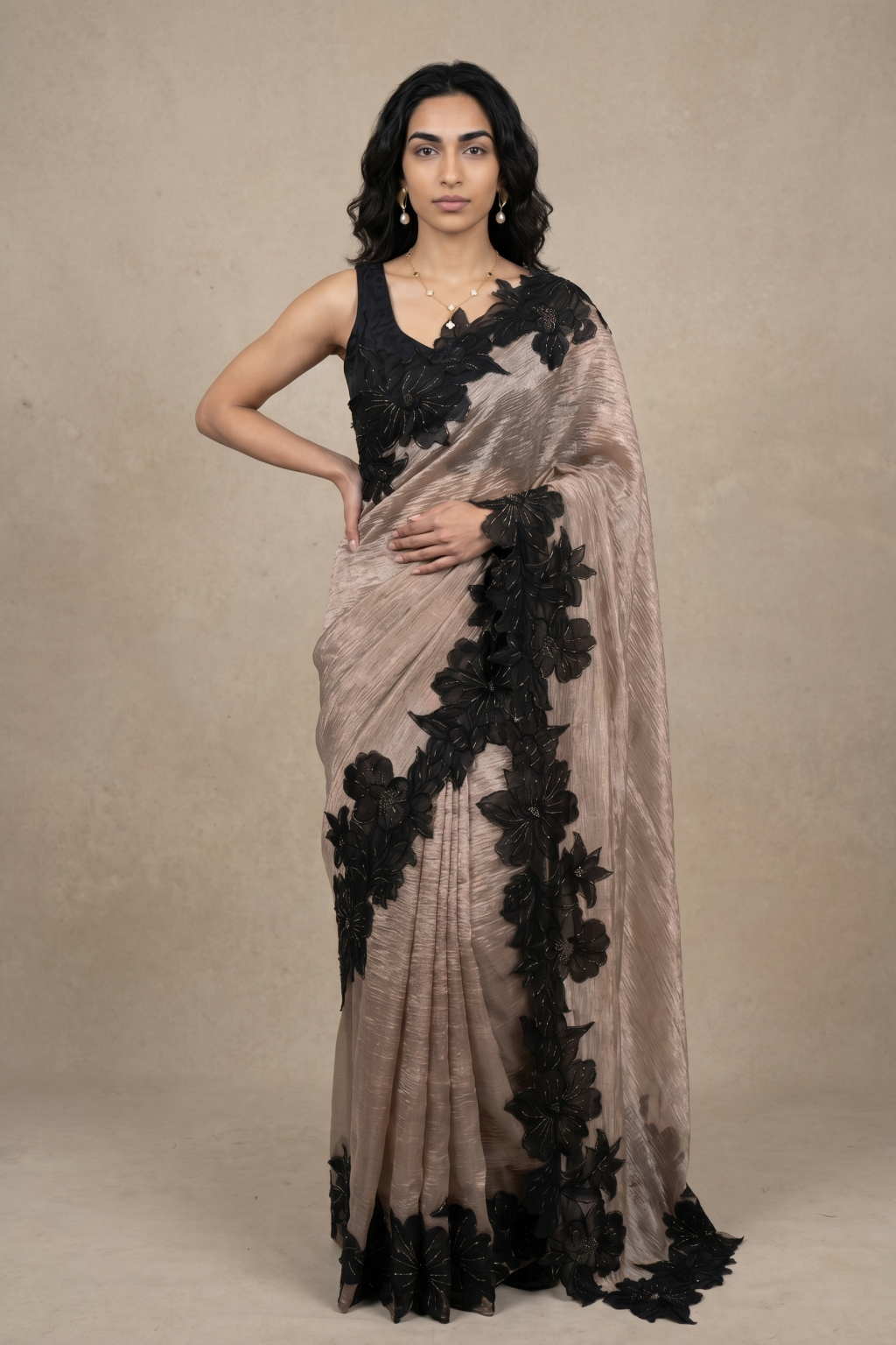 Silver Beige Crush Tissue Saree