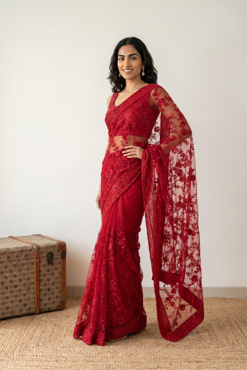 Red Net Saree