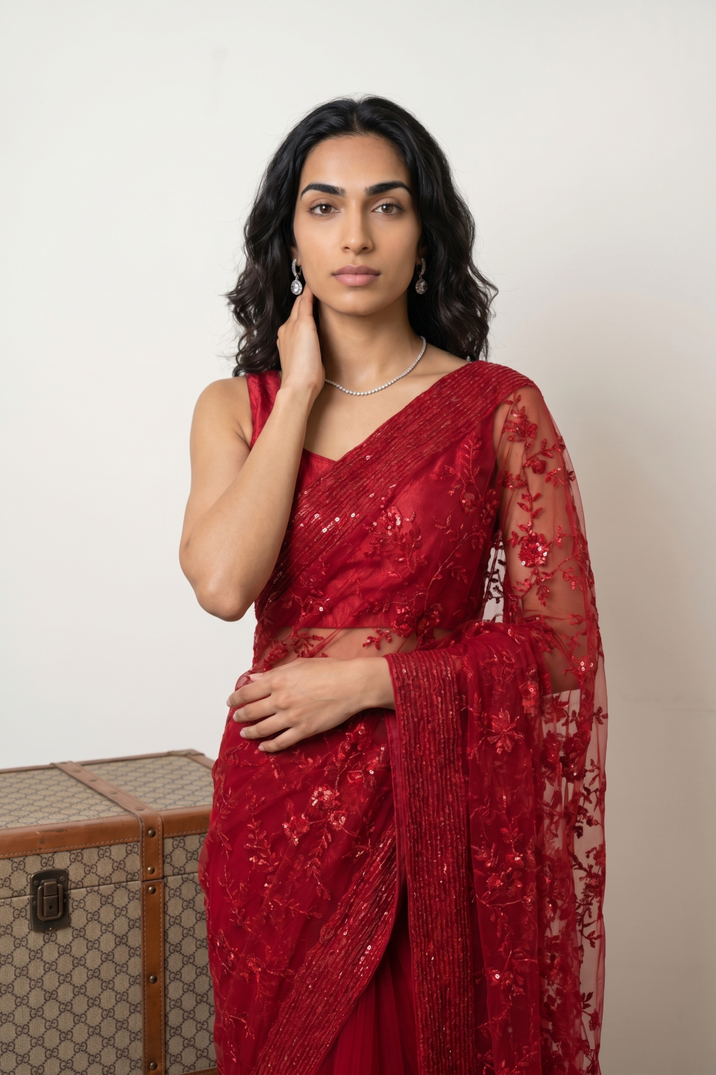 Red Net Saree