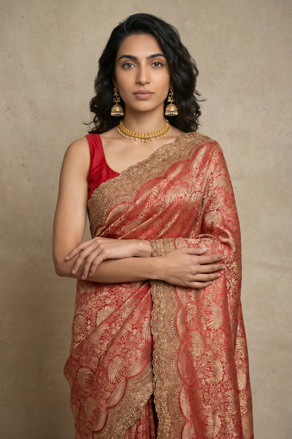 Red Banarasi Silk Saree with Scallop Aari & Sequin Border