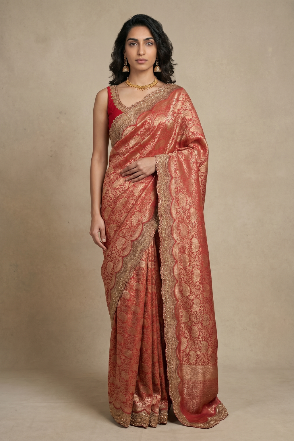 Red Banarasi Silk Saree with Scallop Aari & Sequin Border