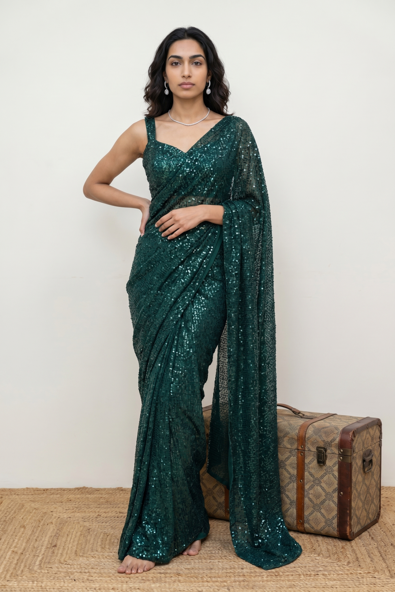 Emerald Green Sequin Georgette Saree