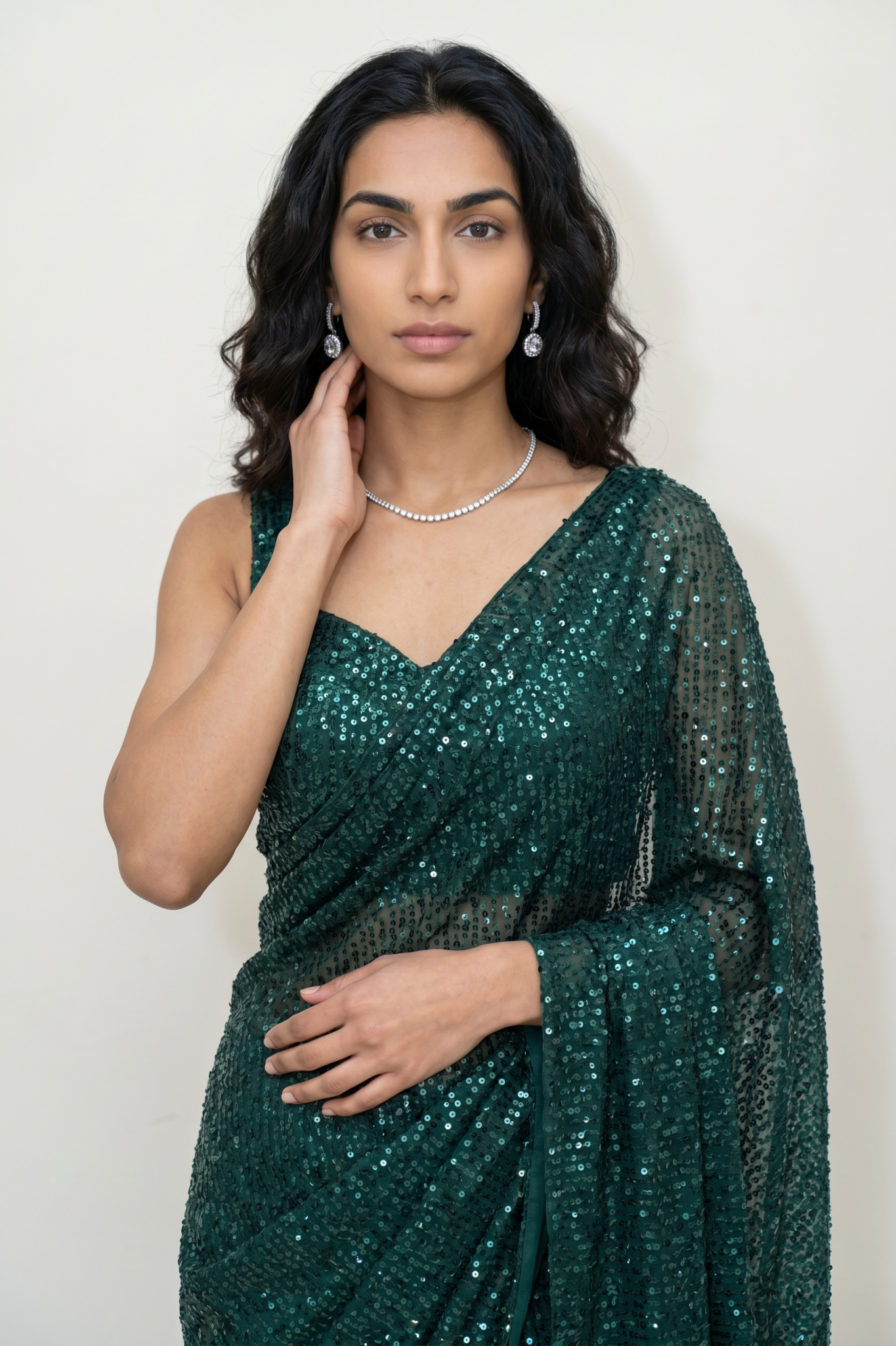 Emerald Green Sequin Georgette Saree