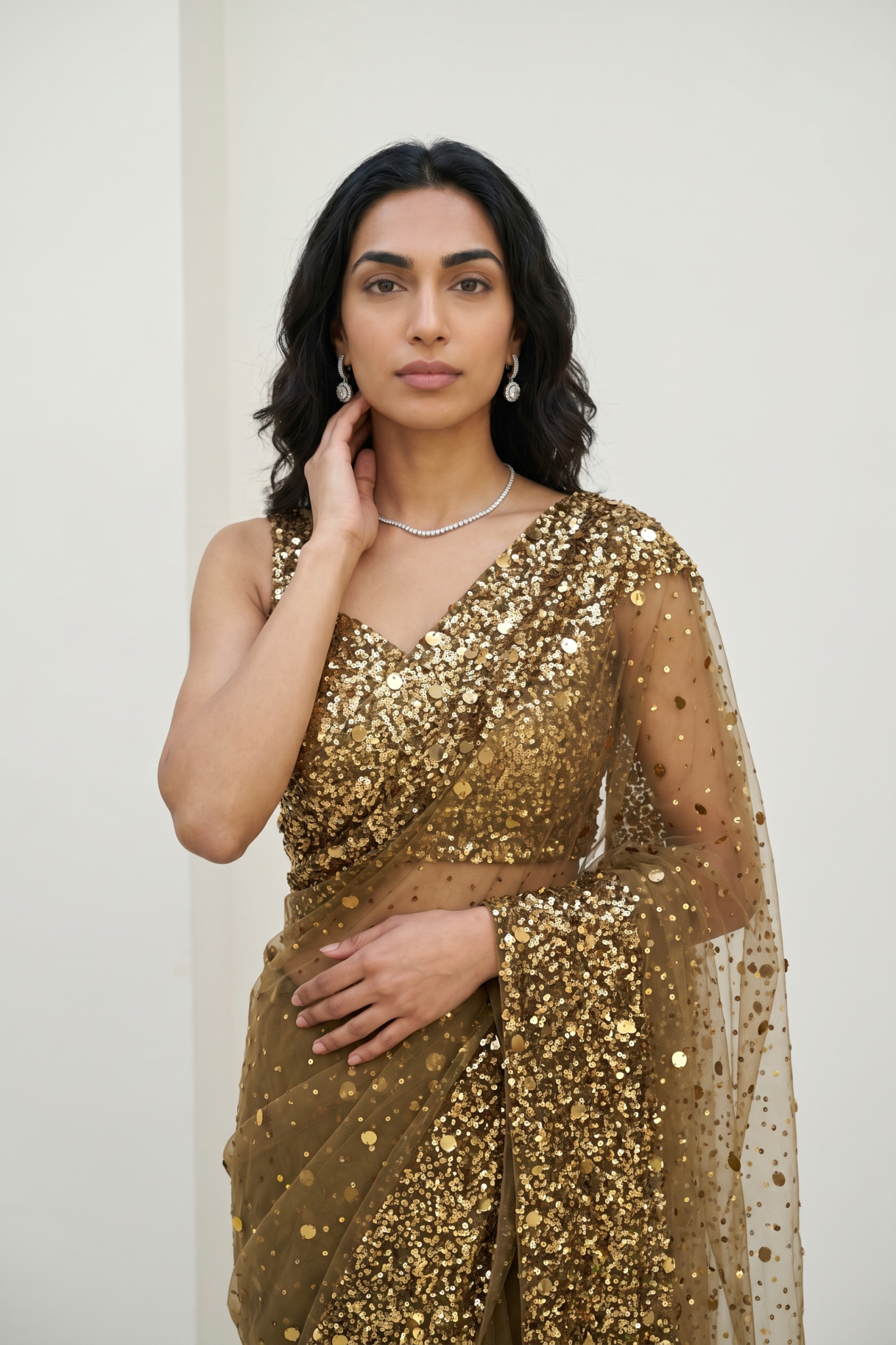 Gold Net Sequin Saree