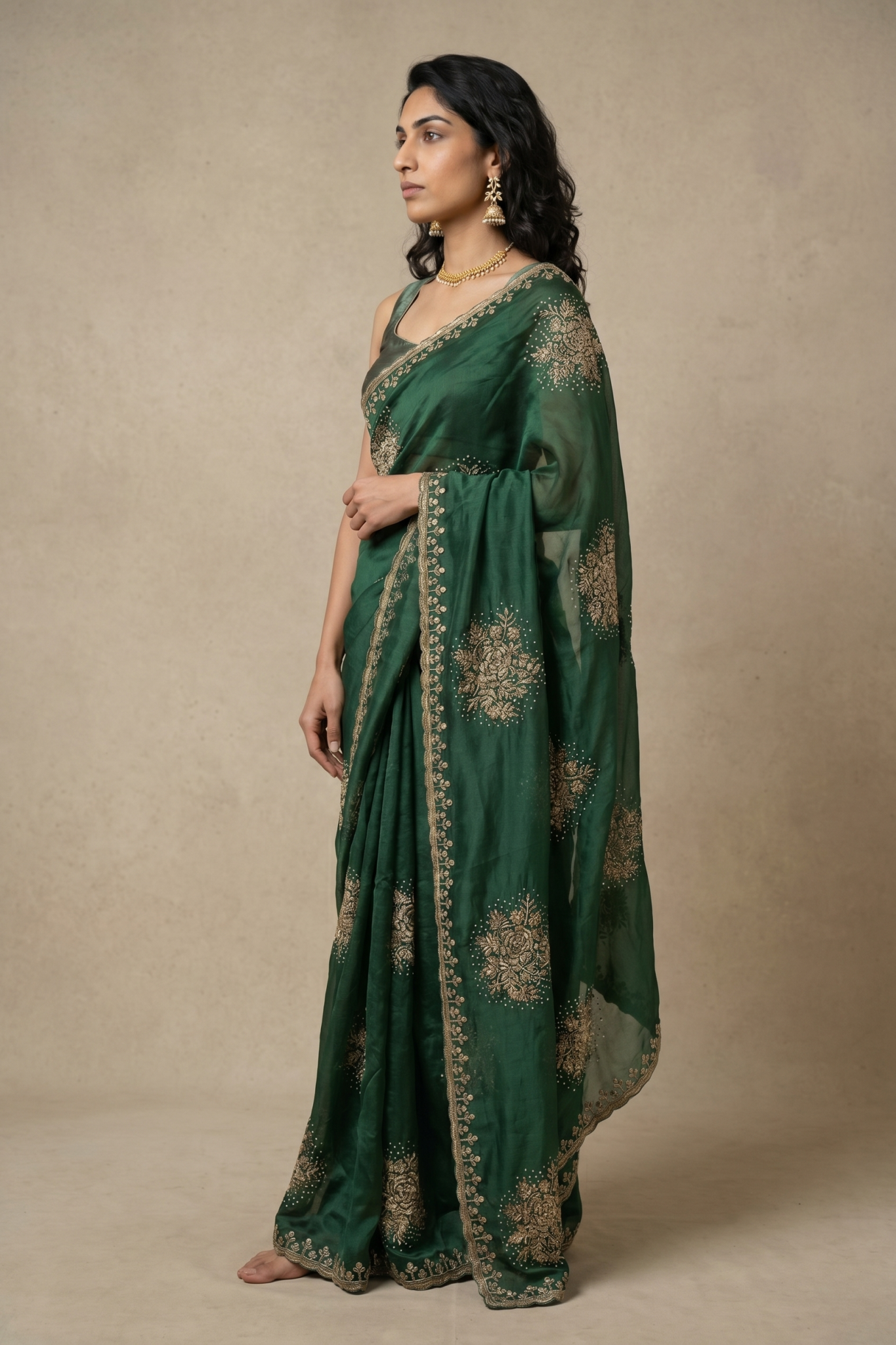 Emerald Green Organza Saree