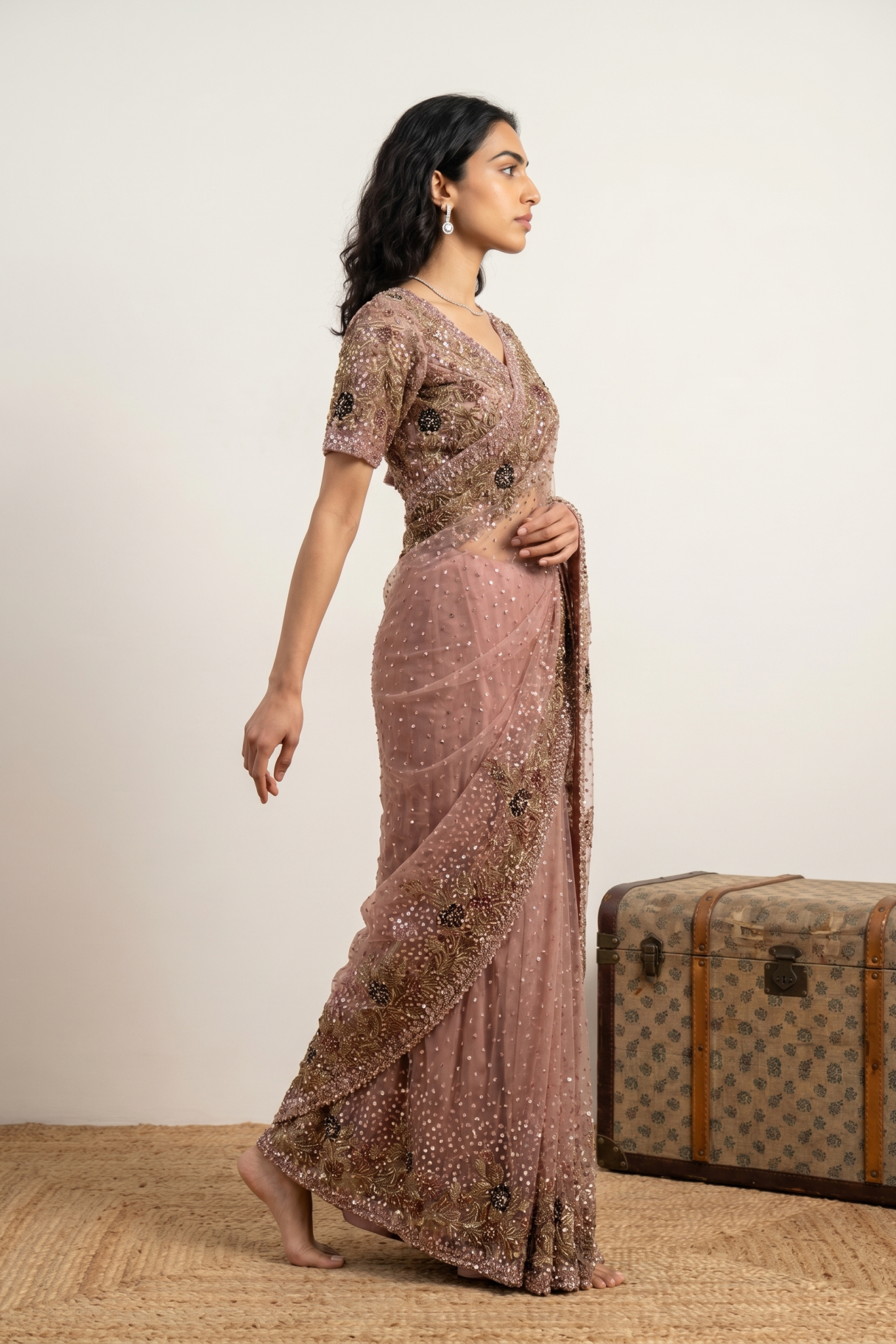 Onion Pink Sequins Net Saree
