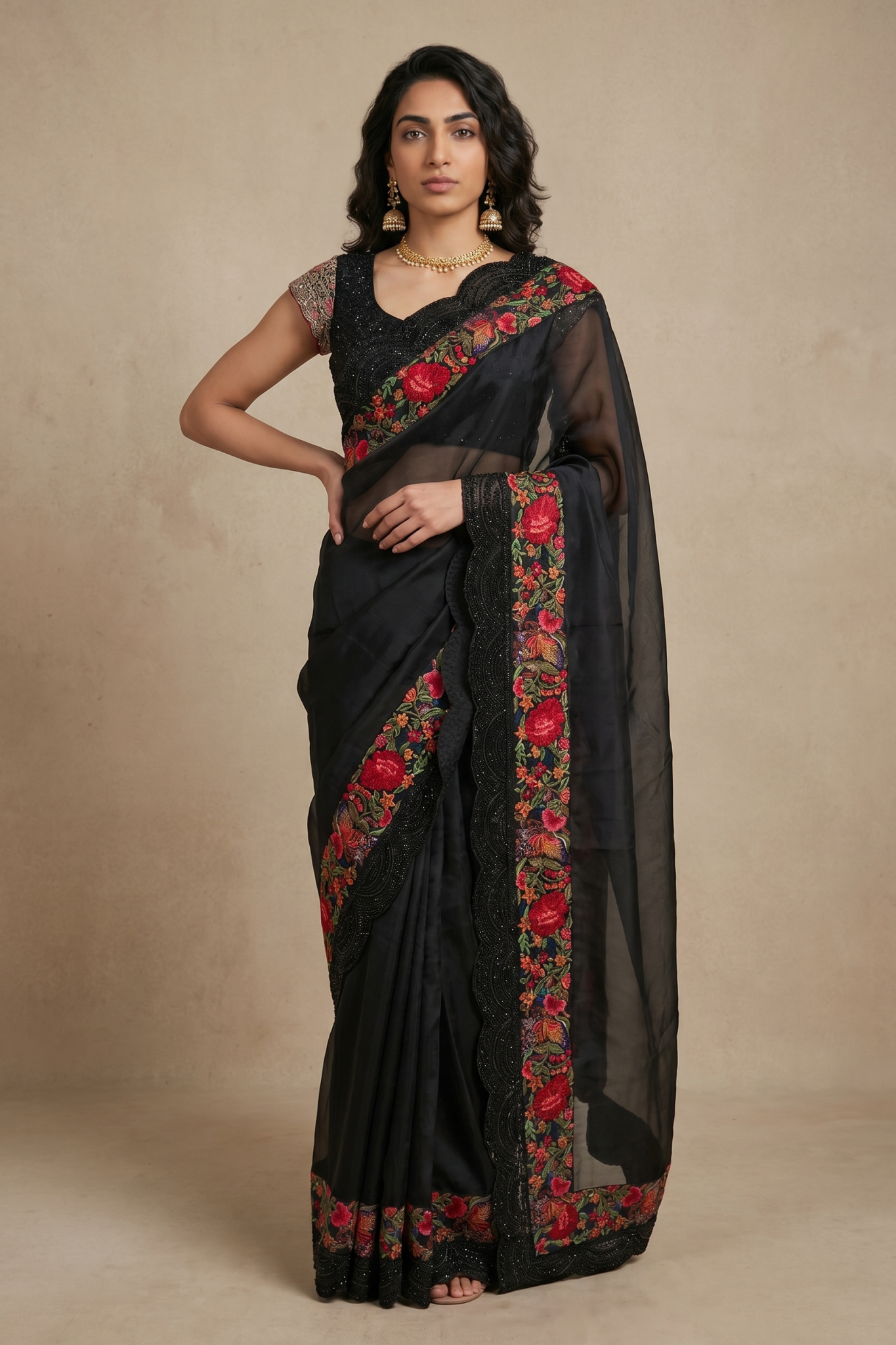Black Organza Saree with Floral Border