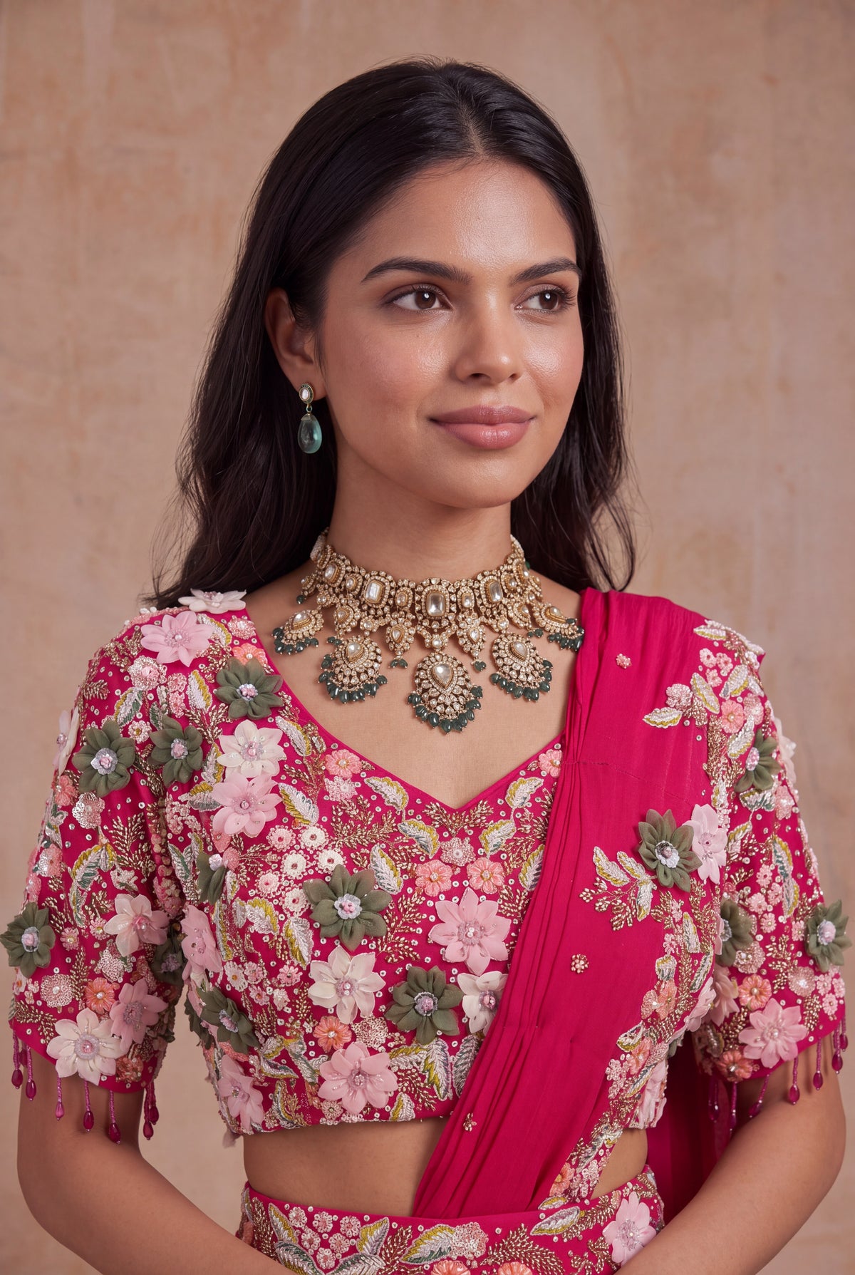 Pink Crepe Half Saree Lehenga with 3D Floral Work