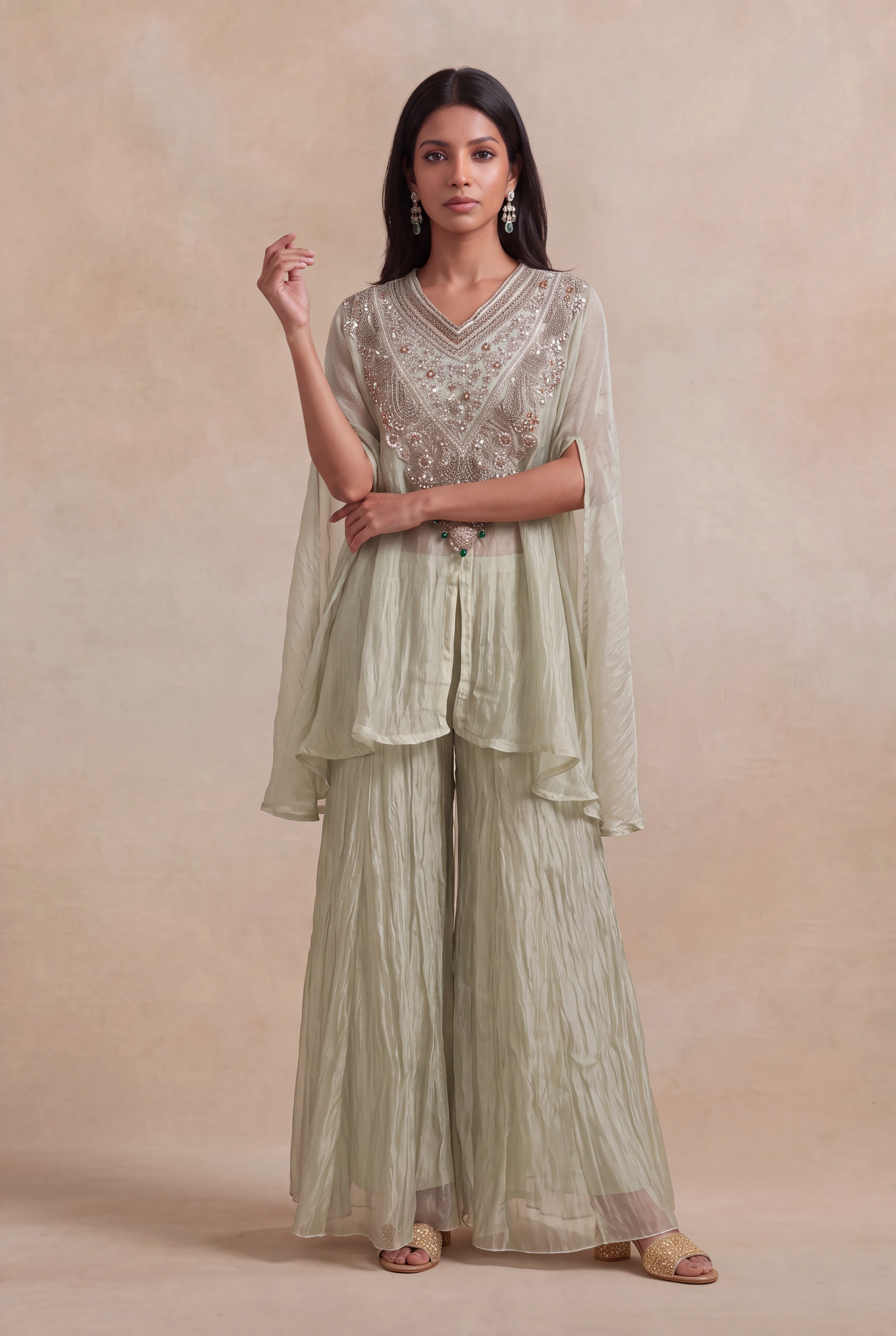Sage Green Crush Tissue Zardozi Cape Set