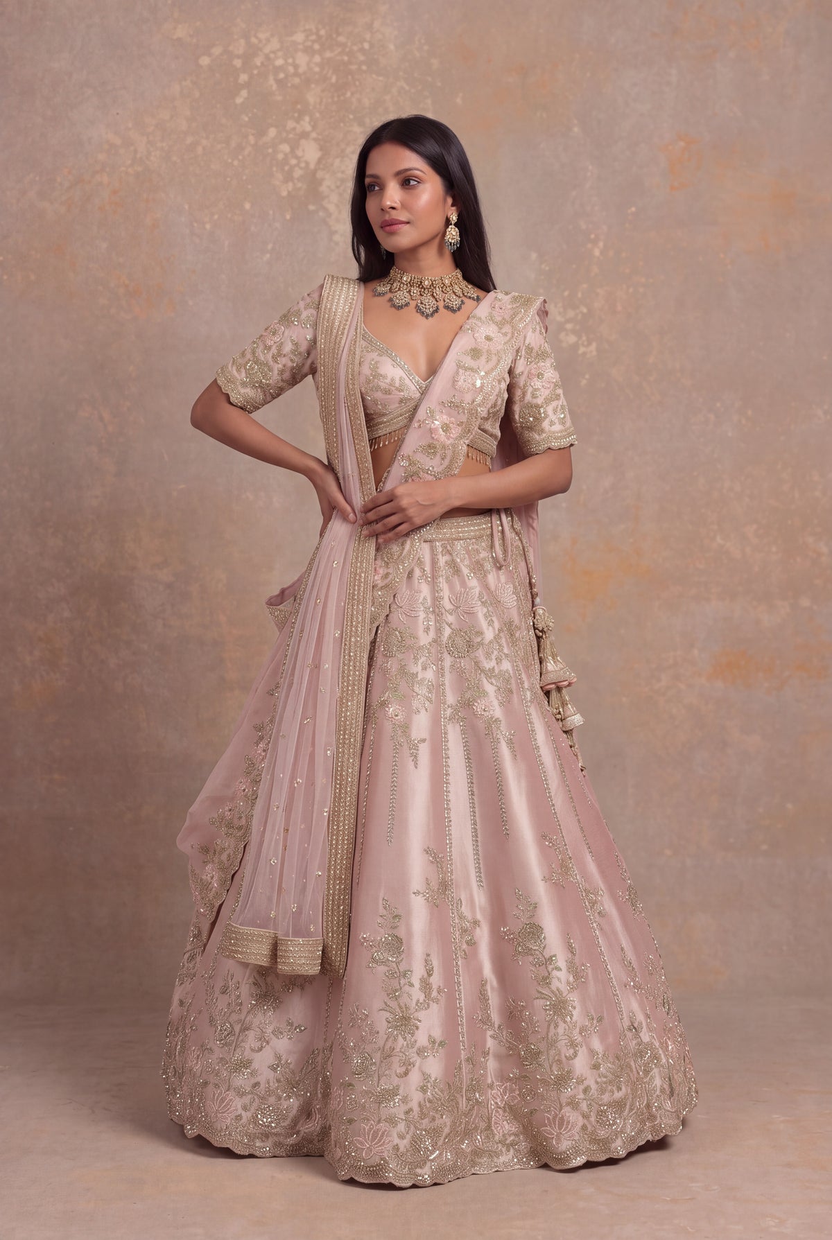 Baby Pink Tissue Silk Lehenga Set with Thread and Zardozi Work