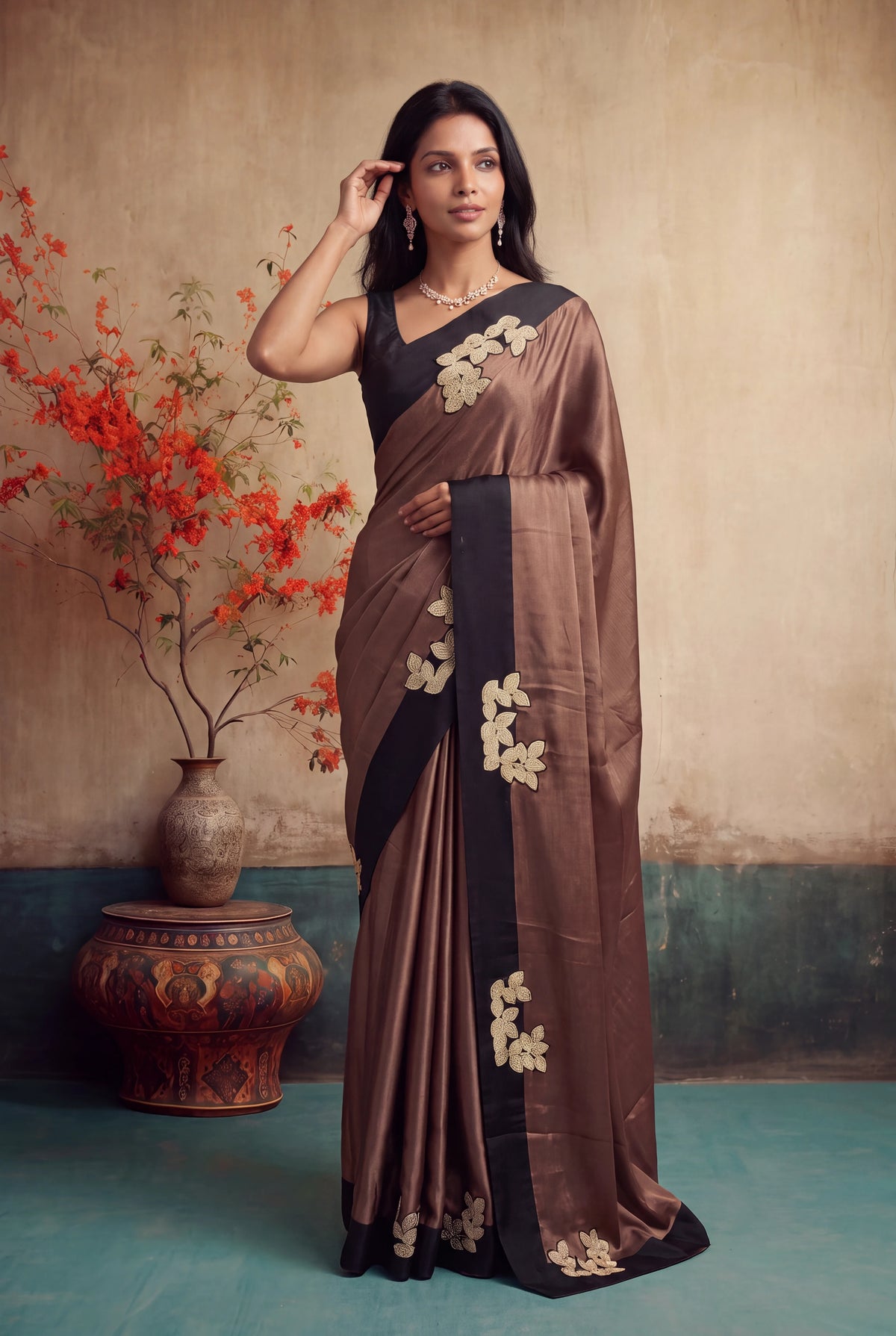Mocha Brown Crepe Silk Saree