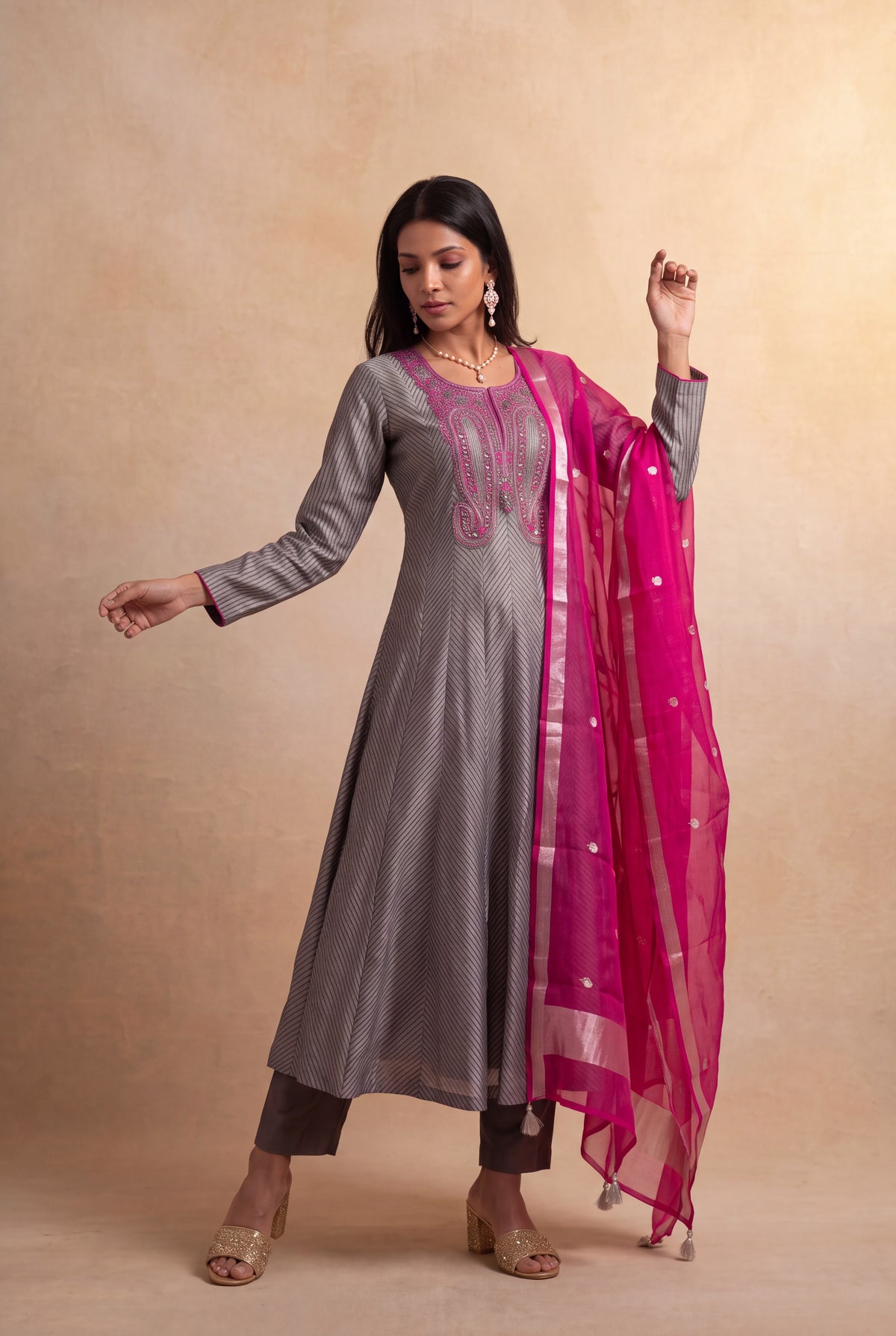 Grey Silk Anarkali Set