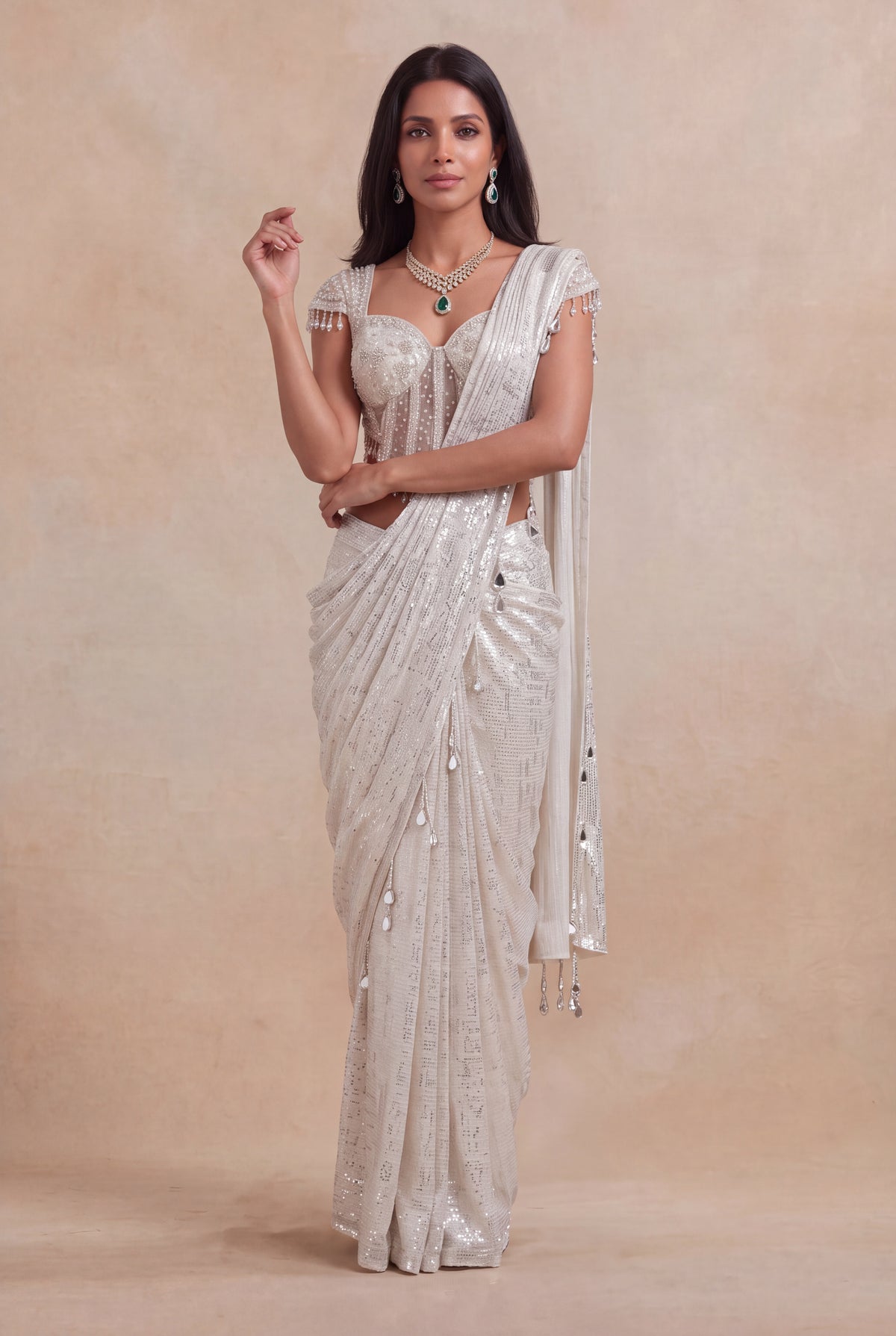 Ivory Net Drape Saree with Embellished Corset Blouse