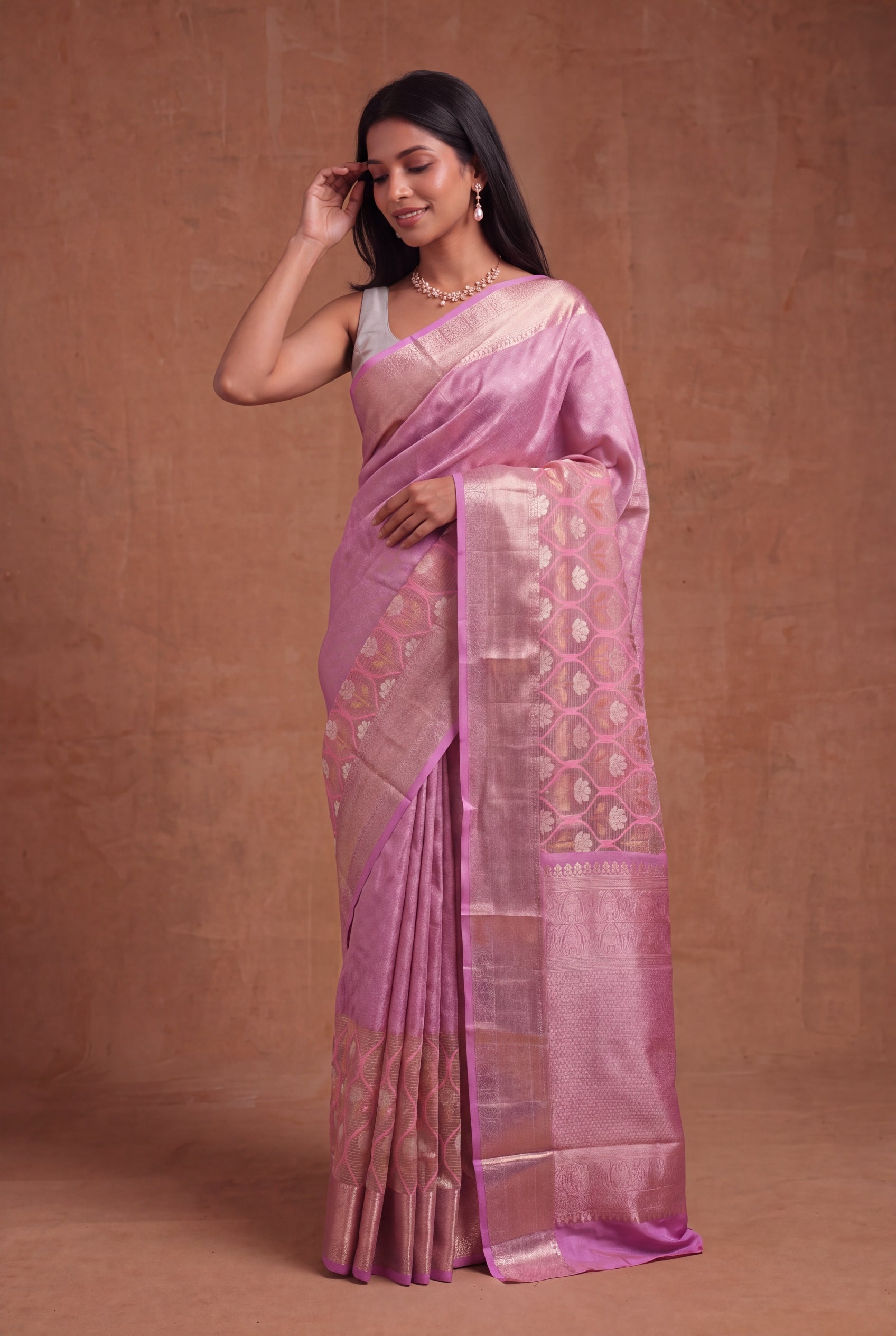 Lavender Pink Kanchivaram Silk Fusion Saree
