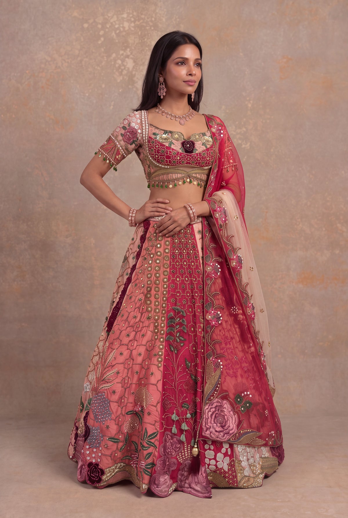 Multicolour Pink Raw Silk Embroidered Lehenga