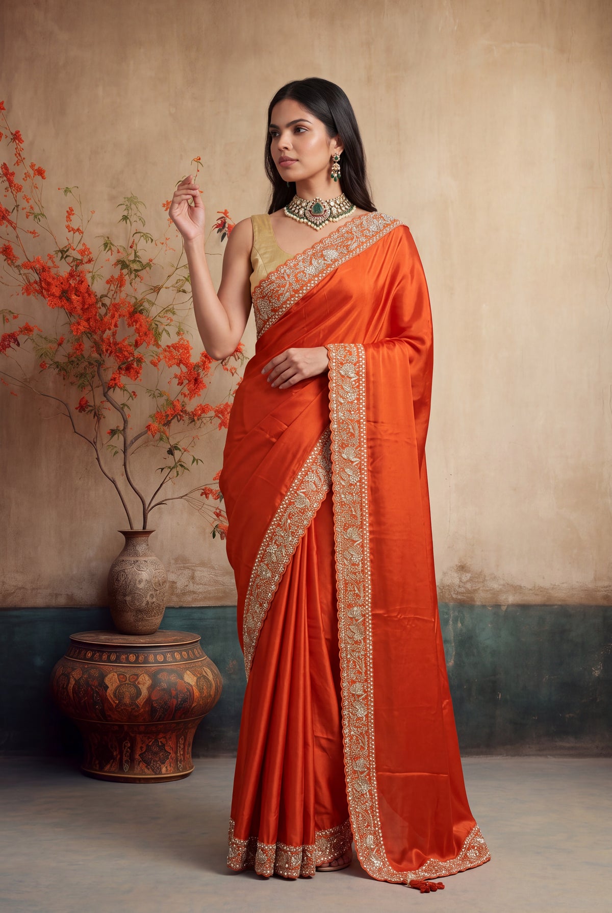 Orange Satin Silk Saree