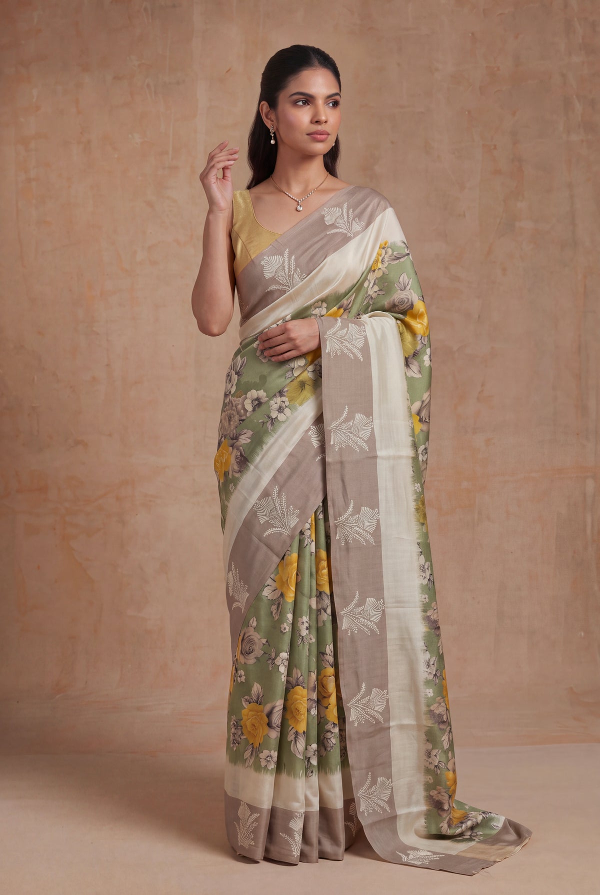 Sage Green Tussar Silk Saree