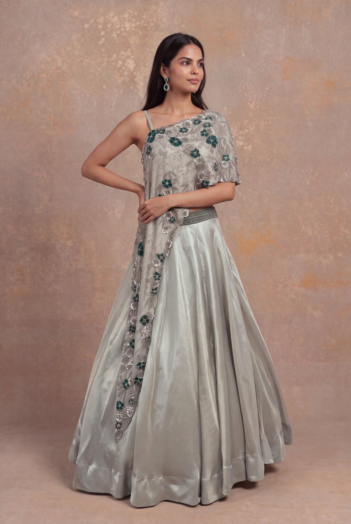 Silver Grey Lehenga with Sequin and Cutdana Floral Embroidery