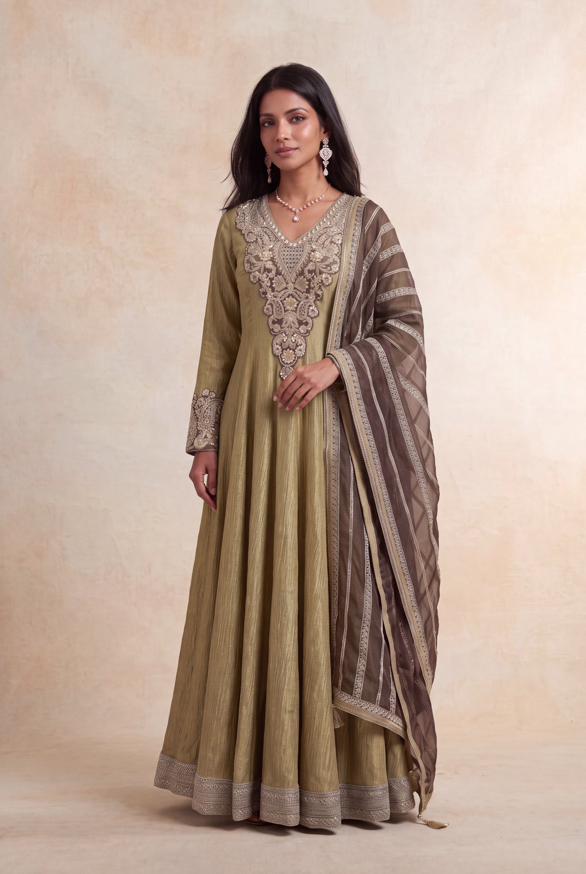 Olive Crush Tissue Anarkali