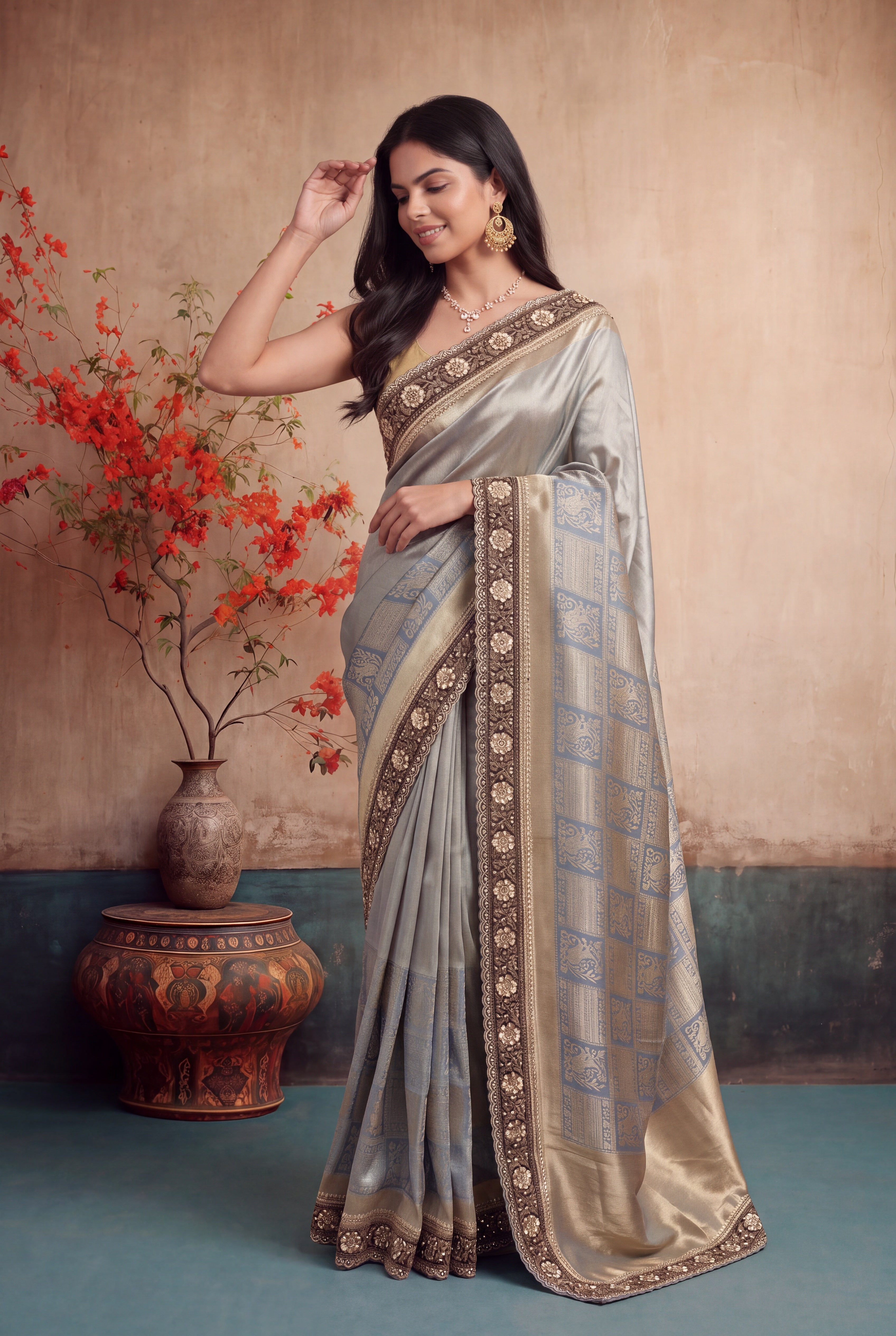 Ice Blue Zardozi Scallop Border Saree